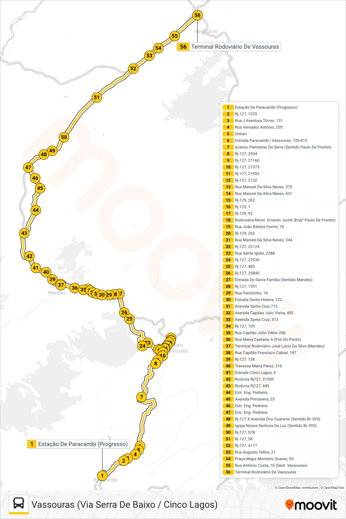 Rota e paradas da linha de ônibus  MP11  (Vassouras (Via Serra De Baixo / Cinco Lagos)) no mapa