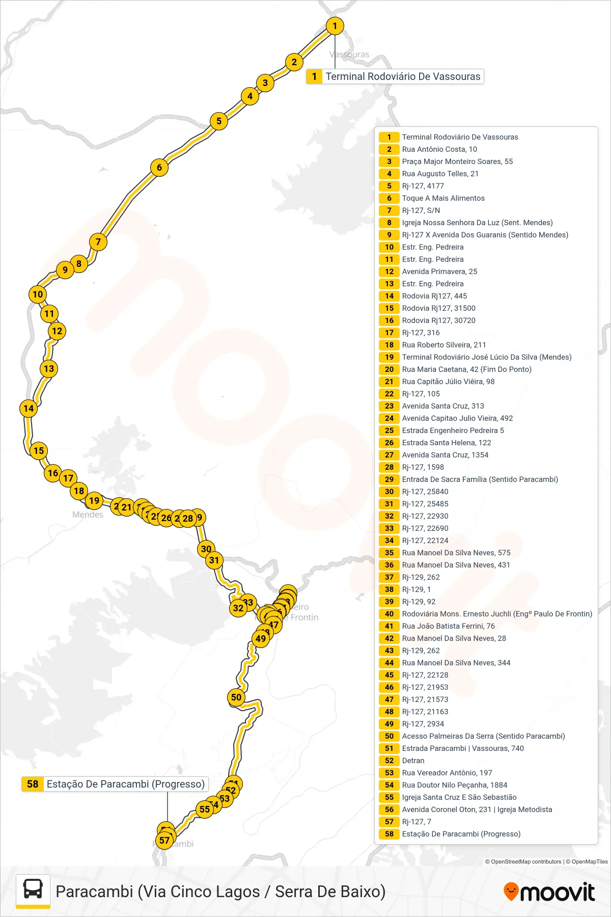 Rota e paradas da linha de ônibus MP11 (Paracambi (Via Cinco Lagos / Serra De Baixo)) no mapa