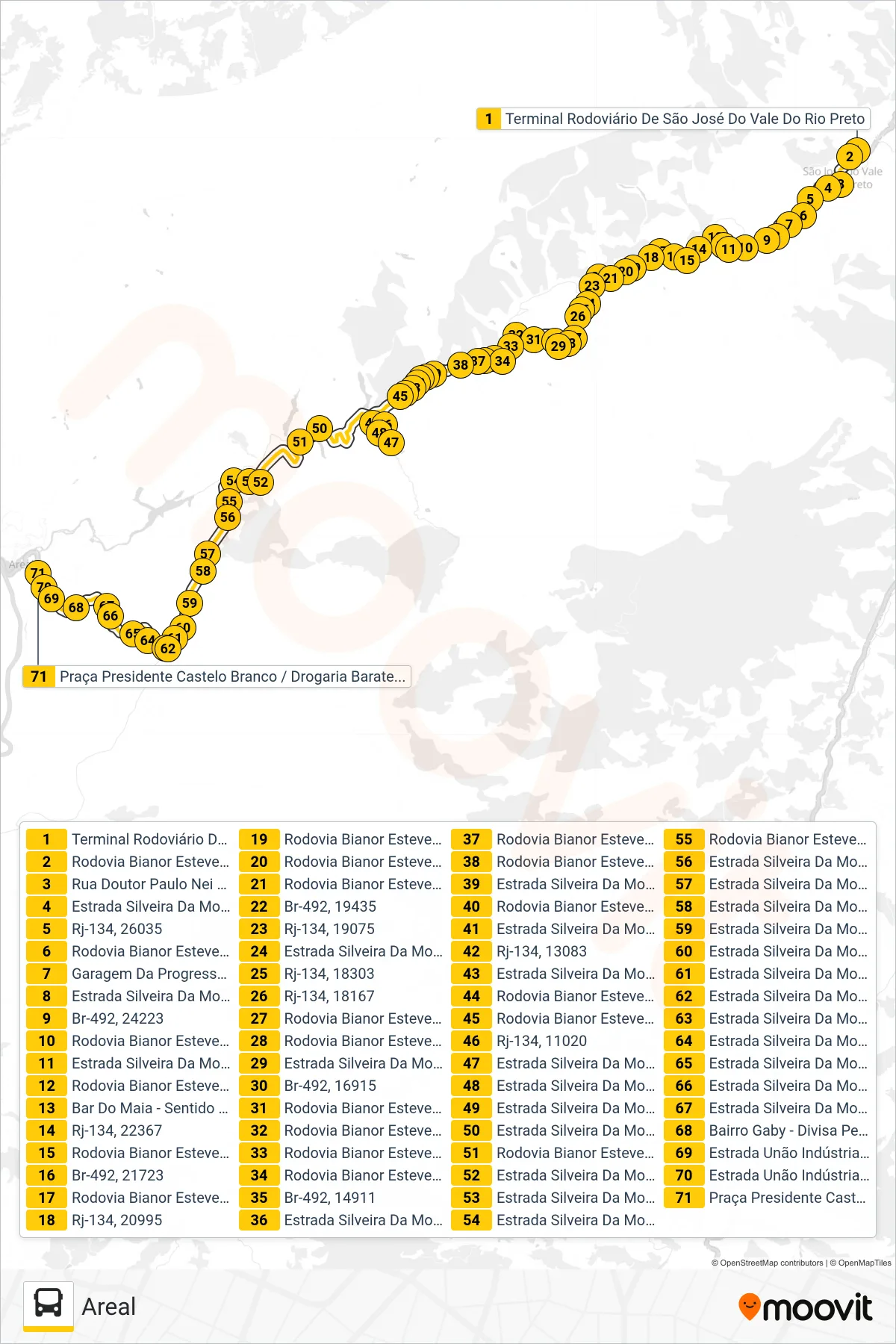 Rota e paradas da linha de ônibus MP90 (Areal) no mapa
