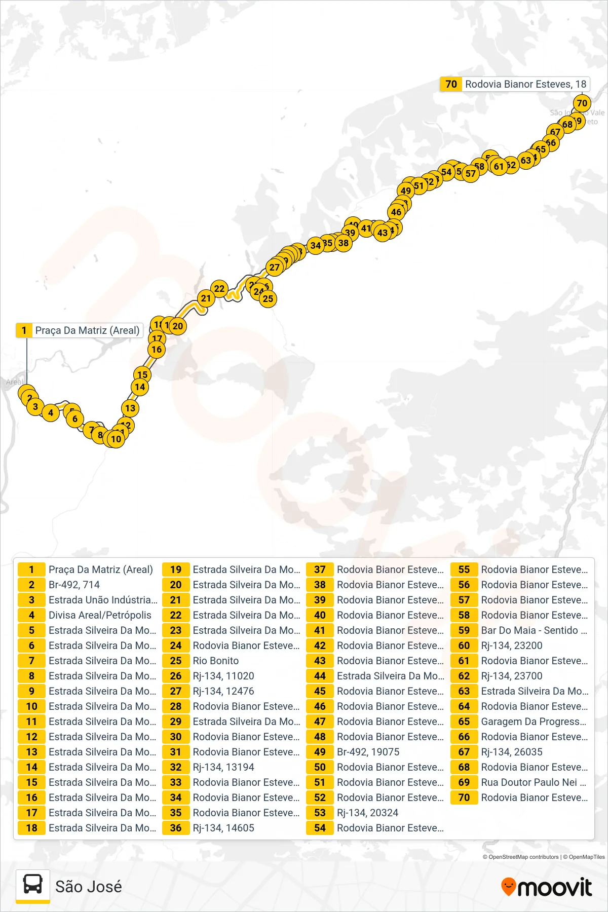 Rota e paradas da linha de ônibus MP90 (São José) no mapa