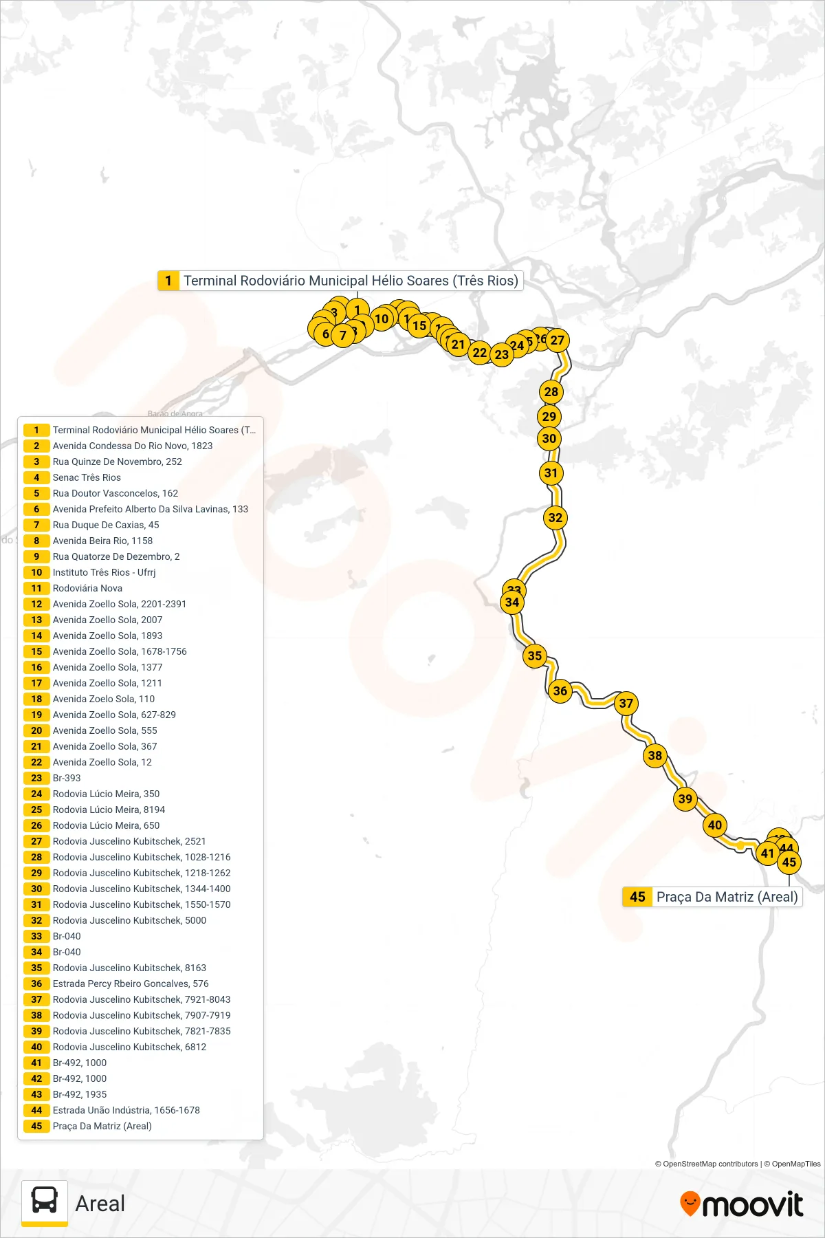 Rota e paradas da linha de ônibus P290 (Areal) no mapa