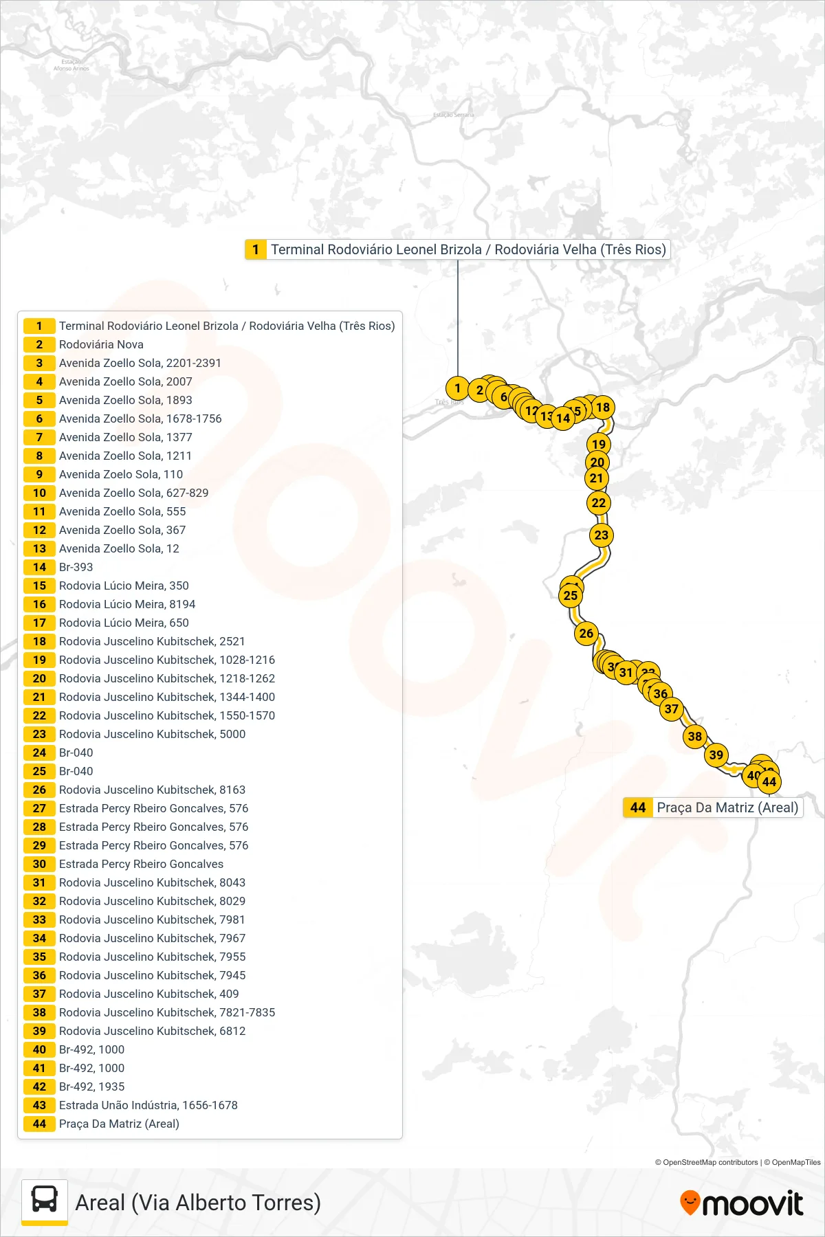 Rota e paradas da linha de ônibus P290 (Areal (Via Alberto Torres)) no mapa