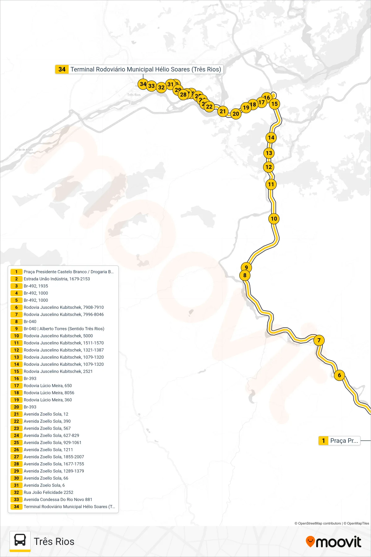 Rota e paradas da linha de ônibus P290 (Três Rios) no mapa