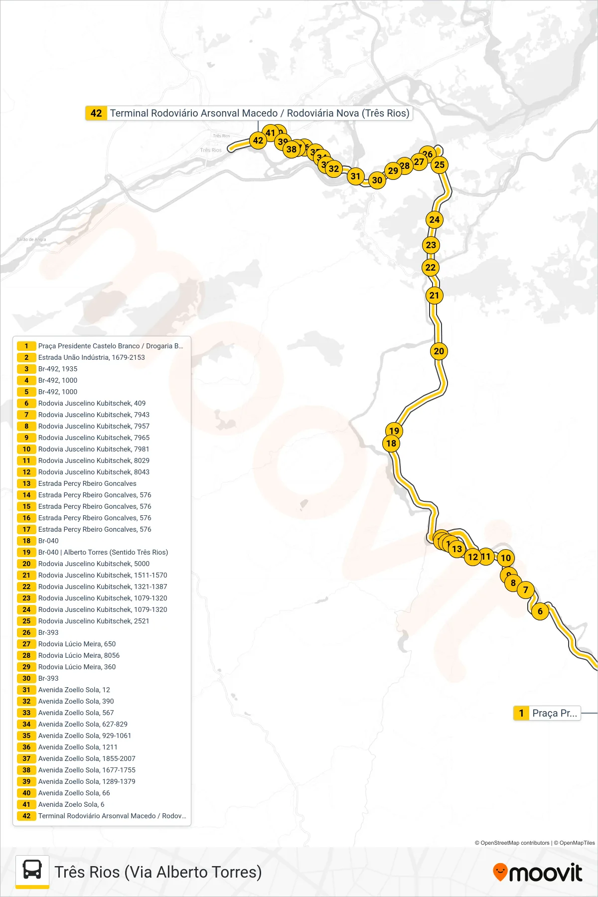 P290 bus Line (Três Rios (Via Alberto Torres)) route and stops on a map