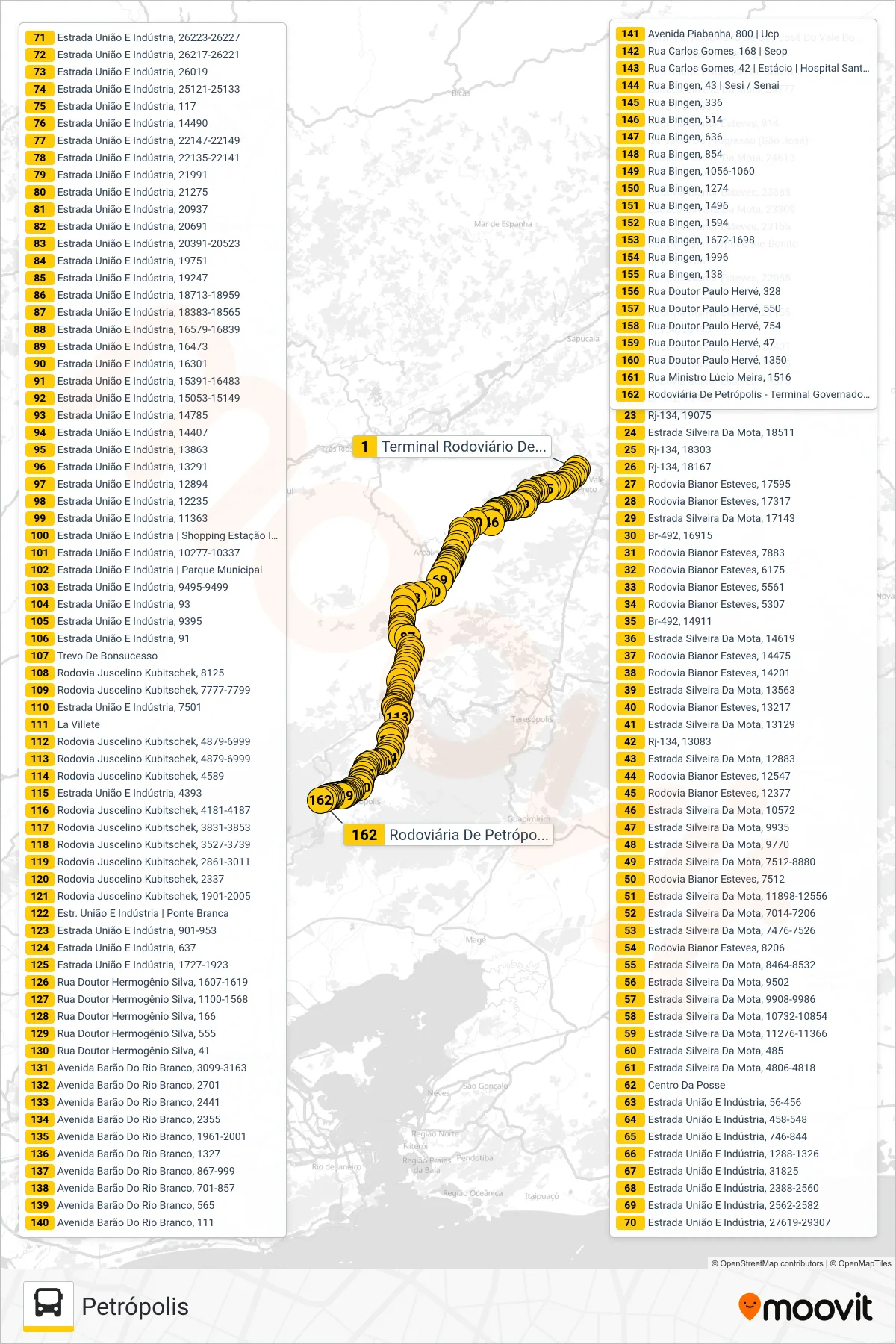 Rota e paradas da linha de ônibus S124 (Petrópolis) no mapa
