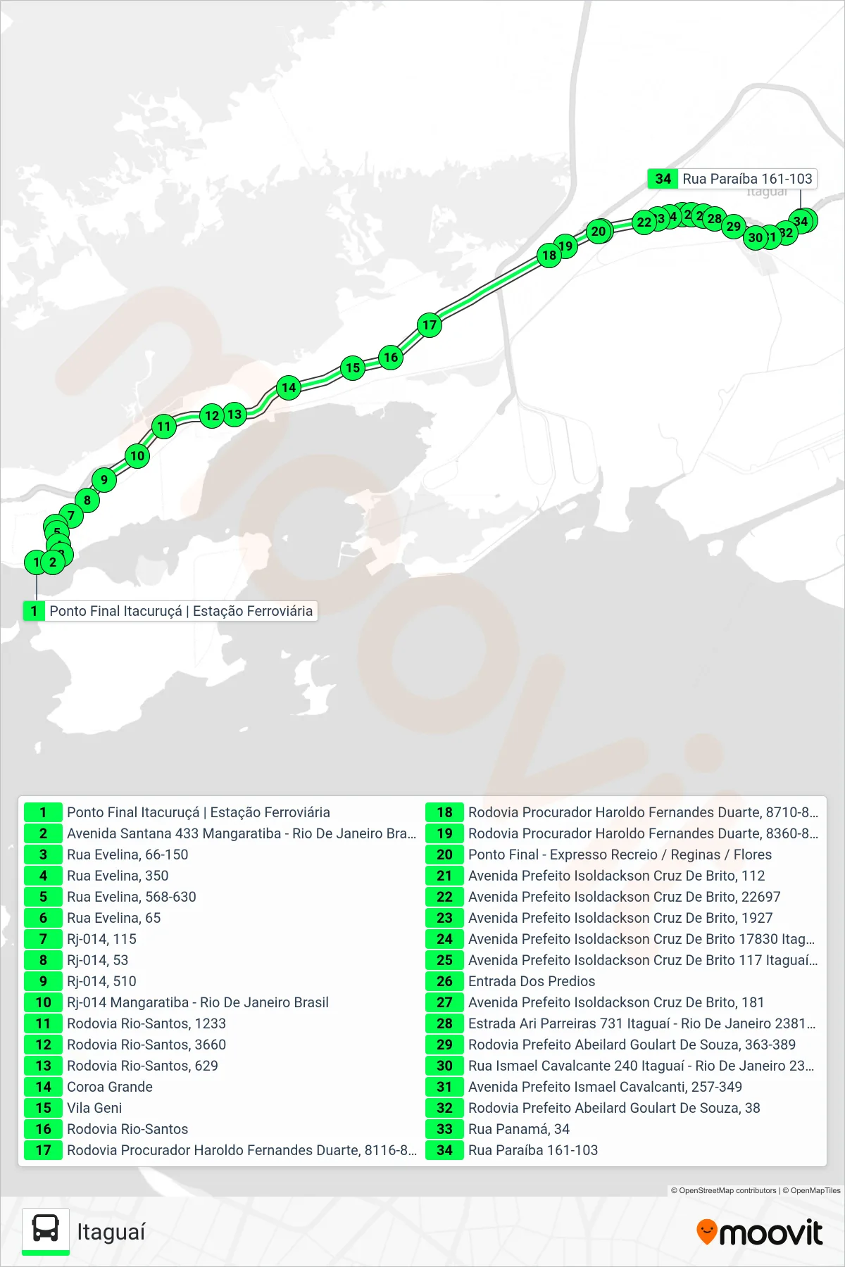 Rota e paradas da linha de ônibus V122 (Itaguaí) no mapa