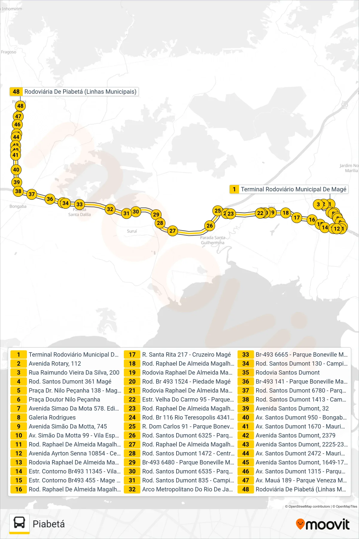 Rota e paradas da linha de ônibus TZ01 (Piabetá) no mapa