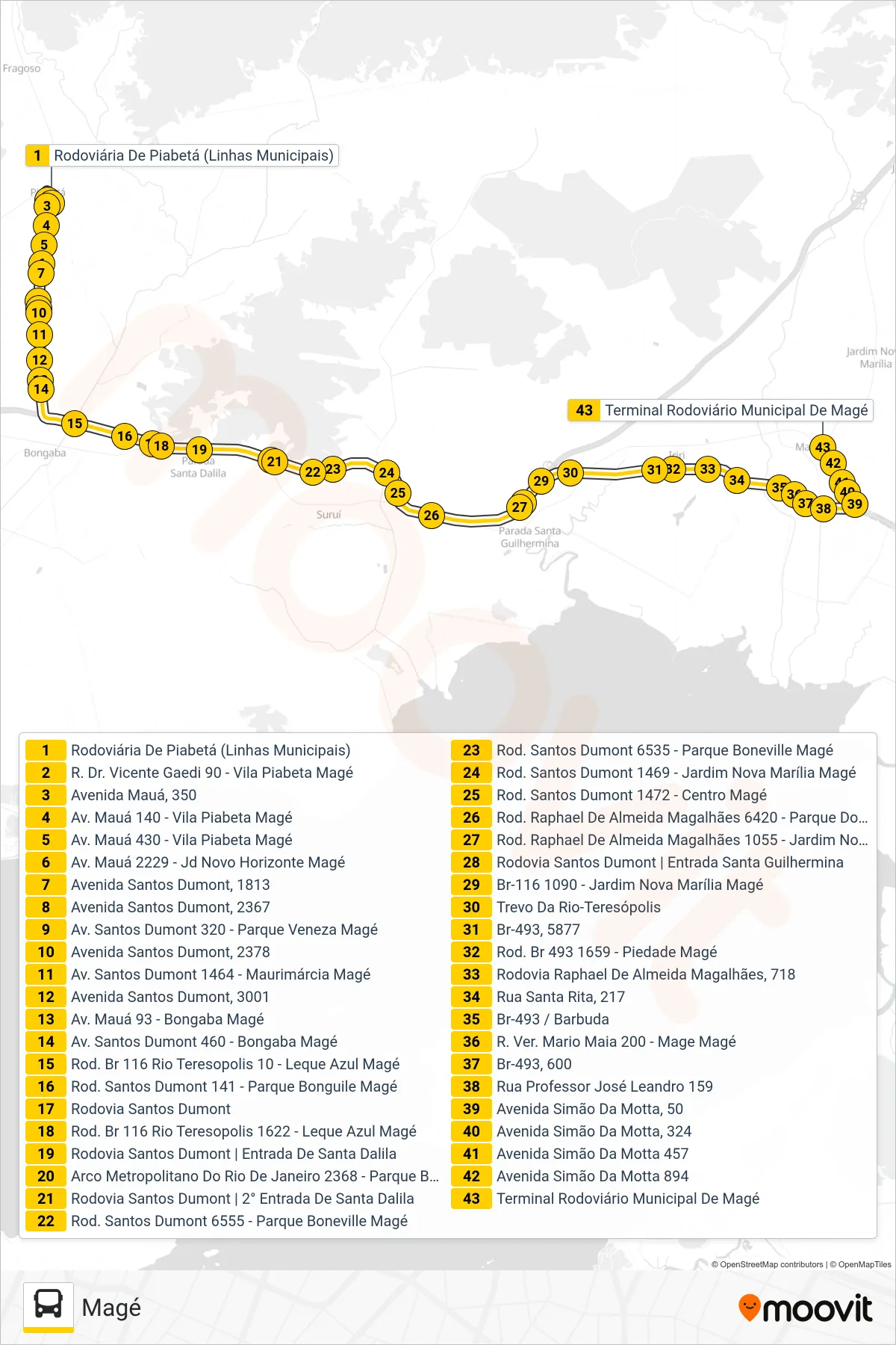 Rota e paradas da linha de ônibus TZ01 (Magé) no mapa