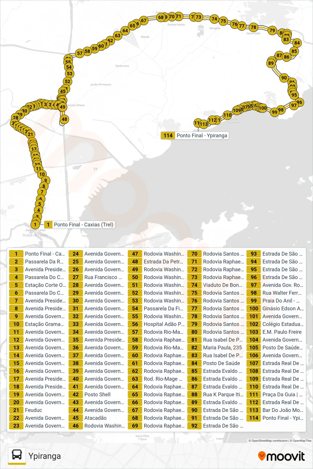 Rota e paradas da linha de ônibus 505 (Ypiranga) no mapa