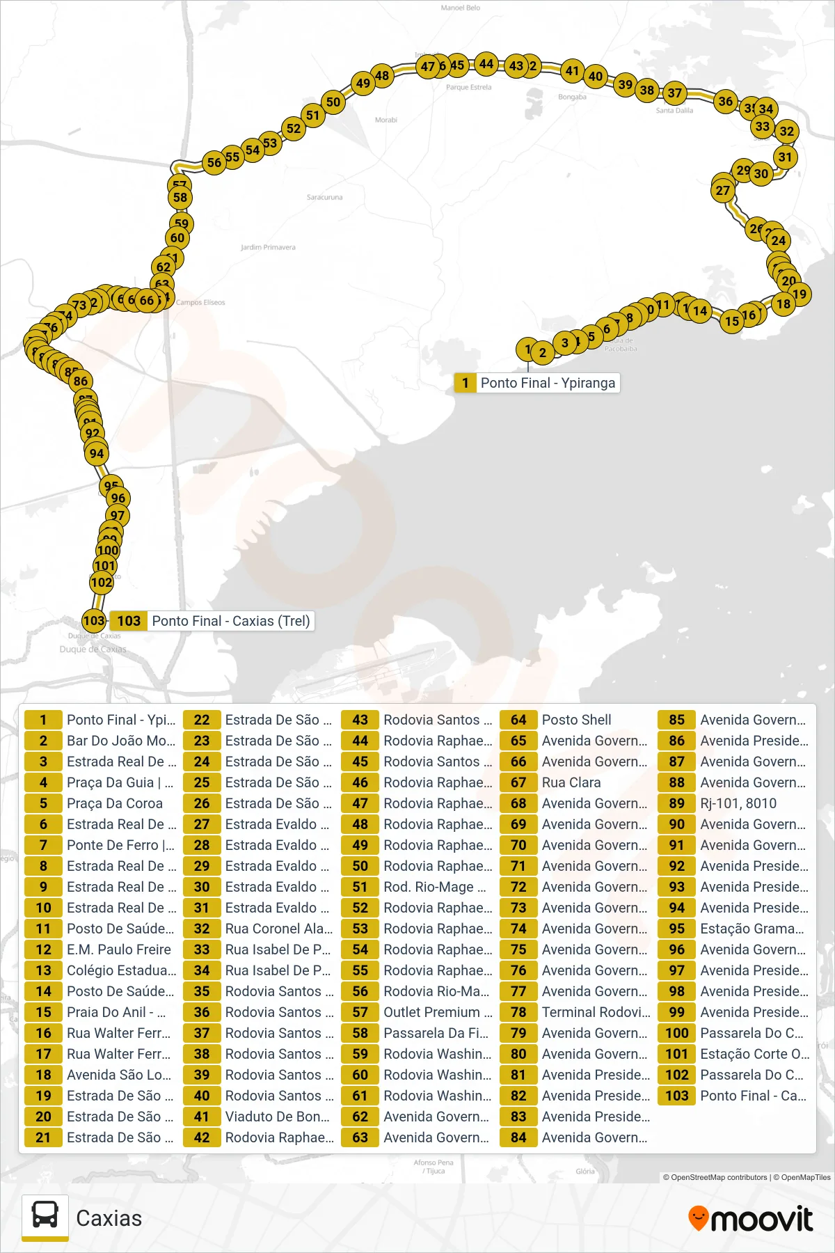 Rota e paradas da linha de ônibus 505 (Caxias) no mapa