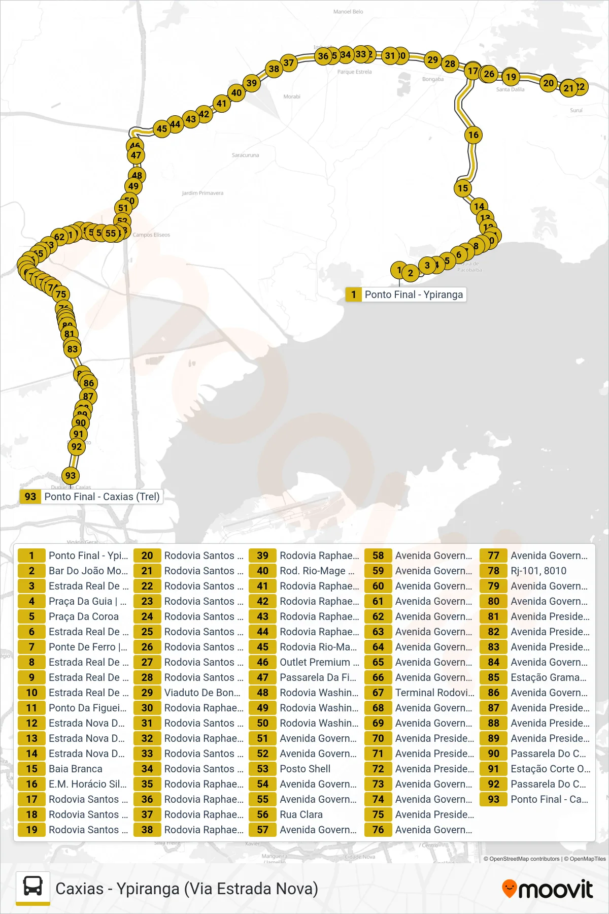 Rota e paradas da linha de ônibus 506 (Caxias) no mapa