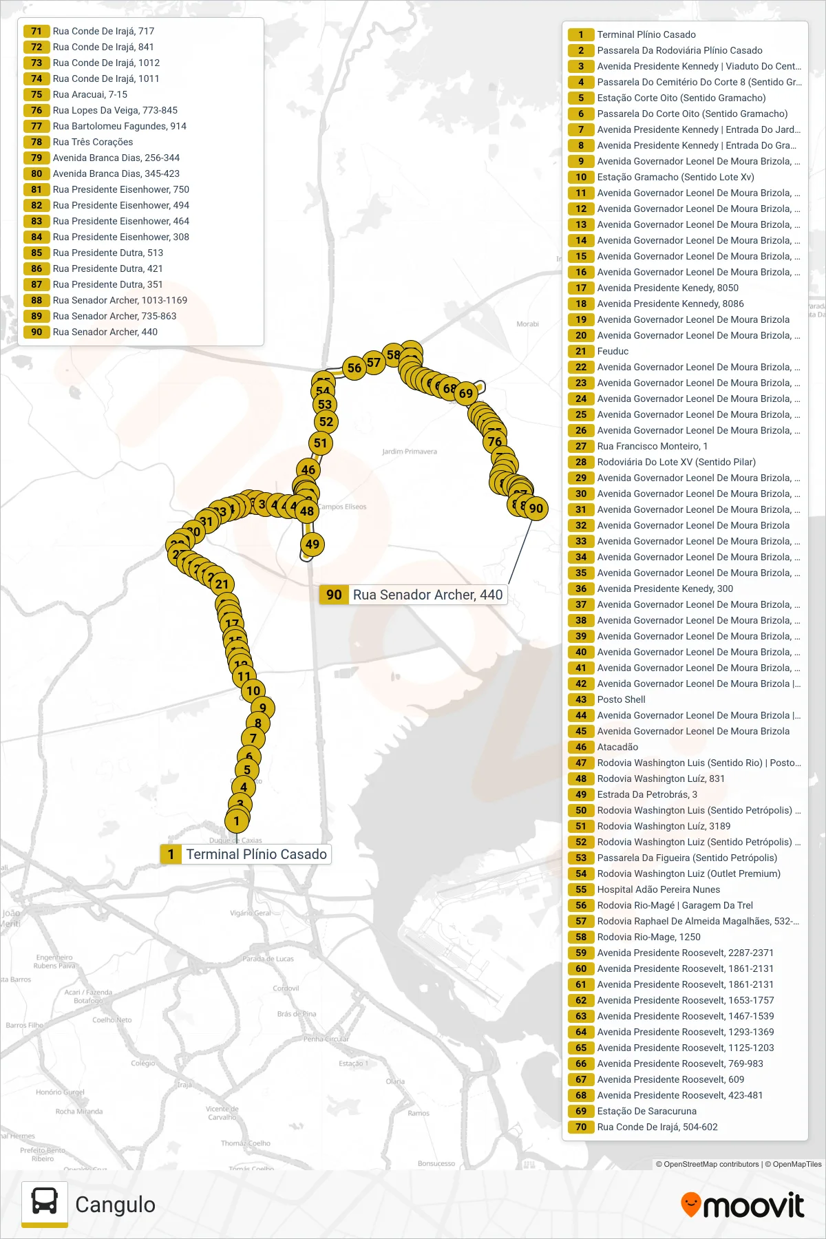Rota e paradas da linha de ônibus 509 (Cangulo) no mapa