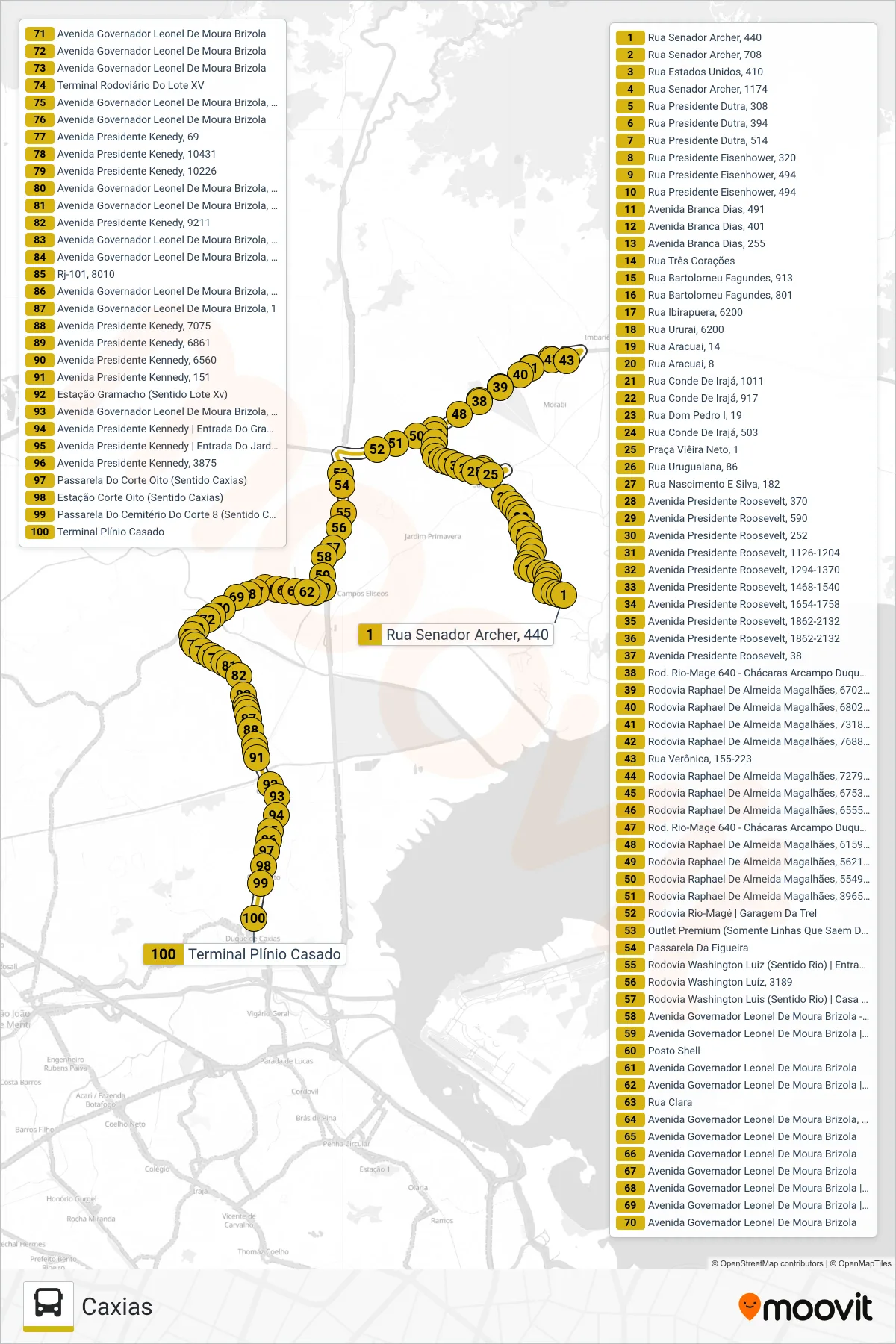 Rota e paradas da linha de ônibus 509 (Caxias) no mapa
