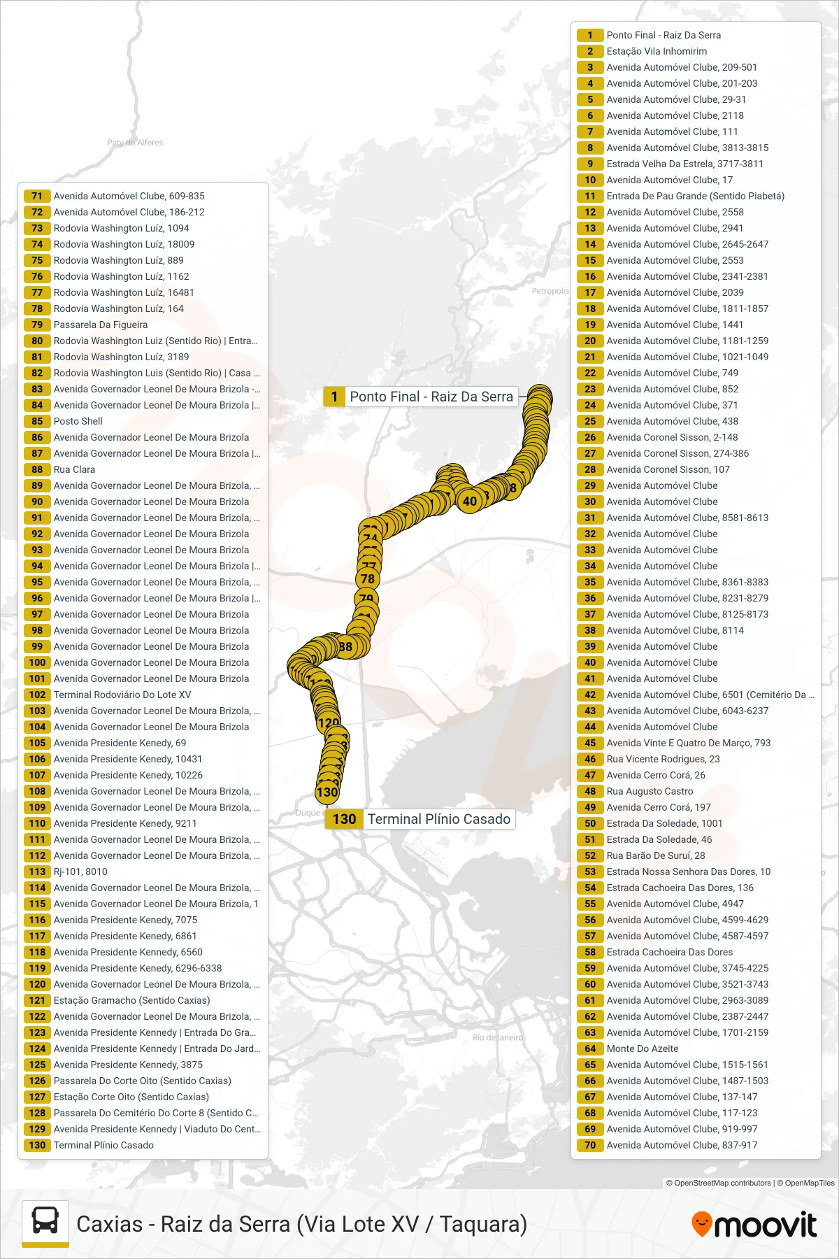 Rota e paradas da linha de ônibus 510 (Caxias) no mapa