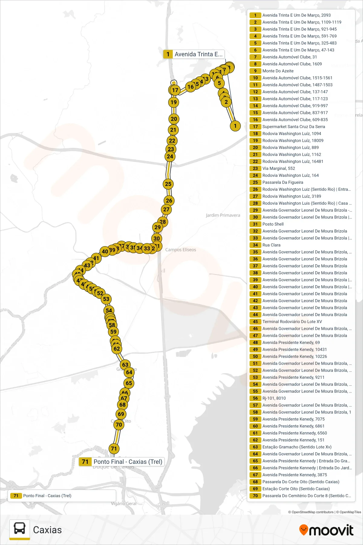 Rota e paradas da linha de ônibus 511 (Caxias) no mapa