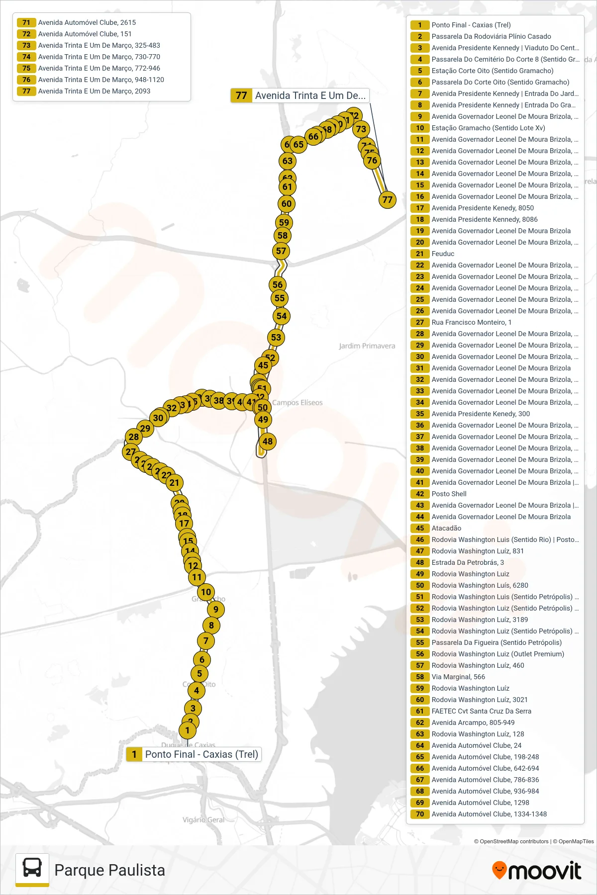 Rota e paradas da linha de ônibus 511 (Parque Paulista) no mapa