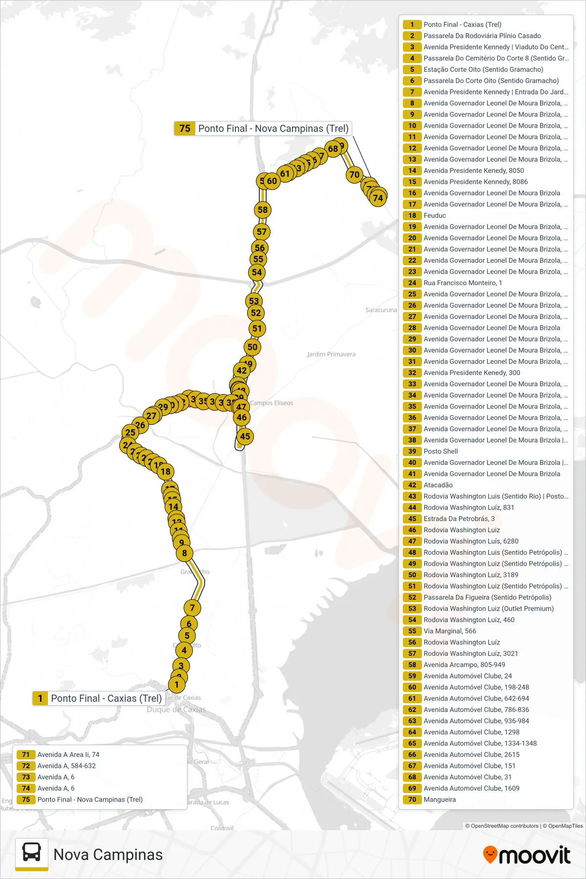 Rota e paradas da linha de ônibus 513 (Nova Campinas) no mapa