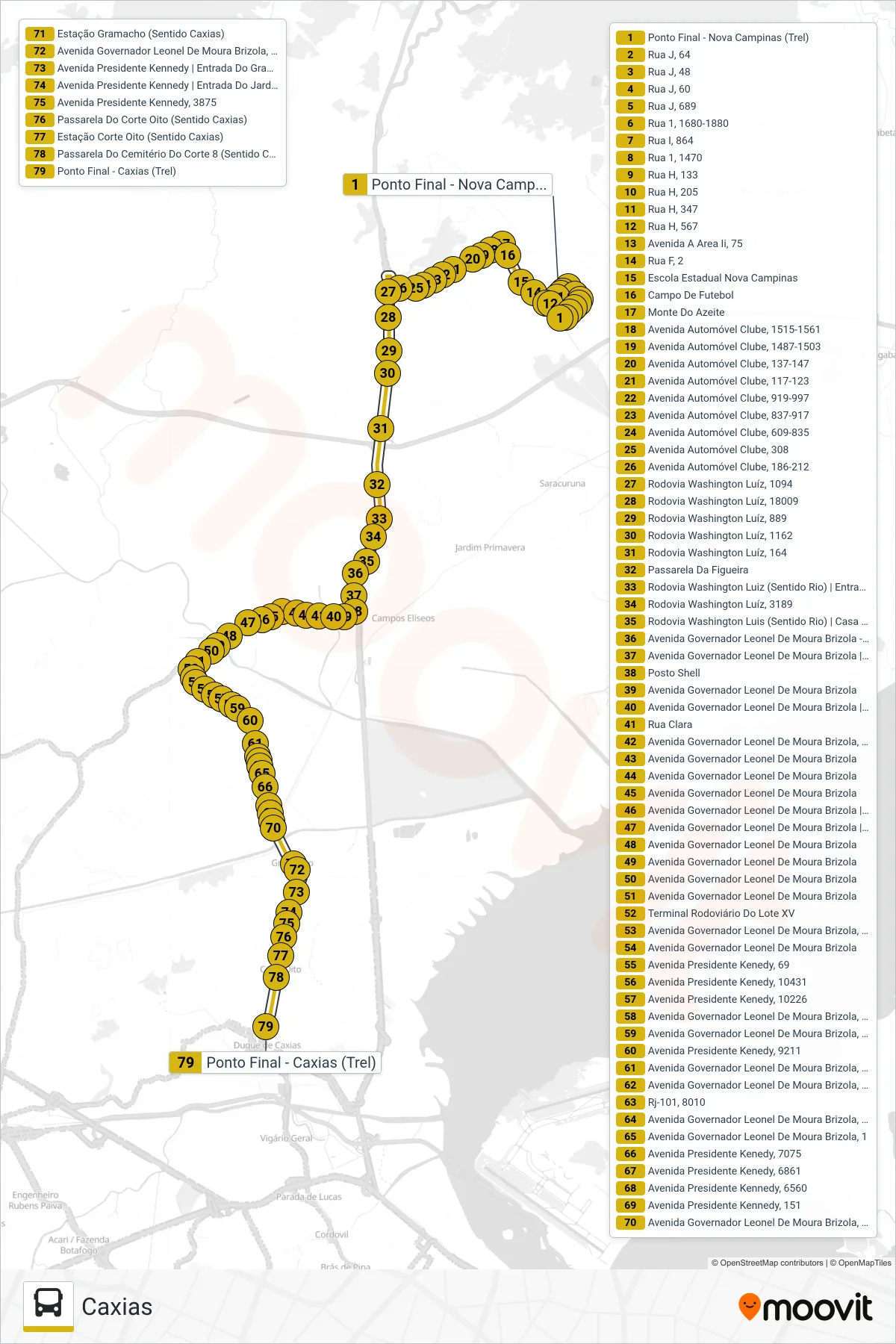 Rota e paradas da linha de ônibus 513 (Caxias) no mapa