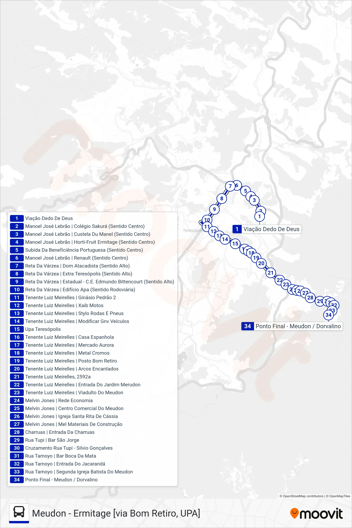 Rota e paradas da linha de ônibus  07  (Meudon [Via Bom Retiro, UPA]) no mapa