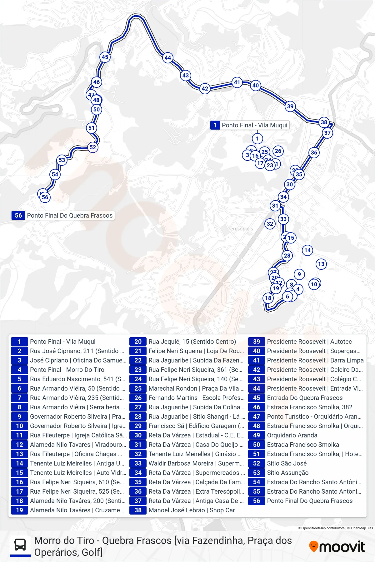 Rota e paradas da linha de ônibus  08  (Quebra Frascos [Via Golf]) no mapa