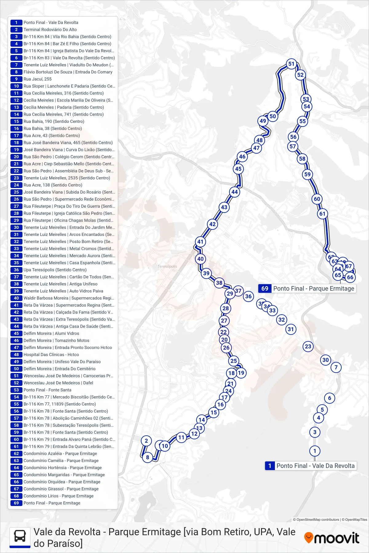 Rota e paradas da linha de ônibus  13  (Pq. Ermitage [Via Vale Paraíso]) no mapa