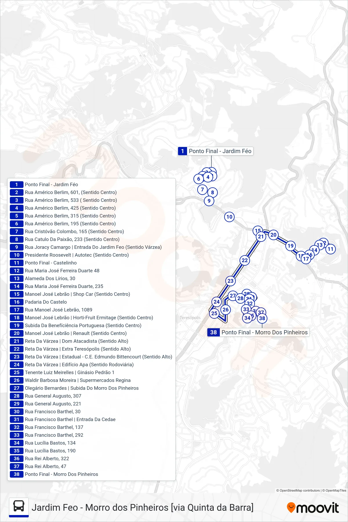 Rota e paradas da linha de ônibus  15  (Morro dos Pinheiros [Via Centro]) no mapa