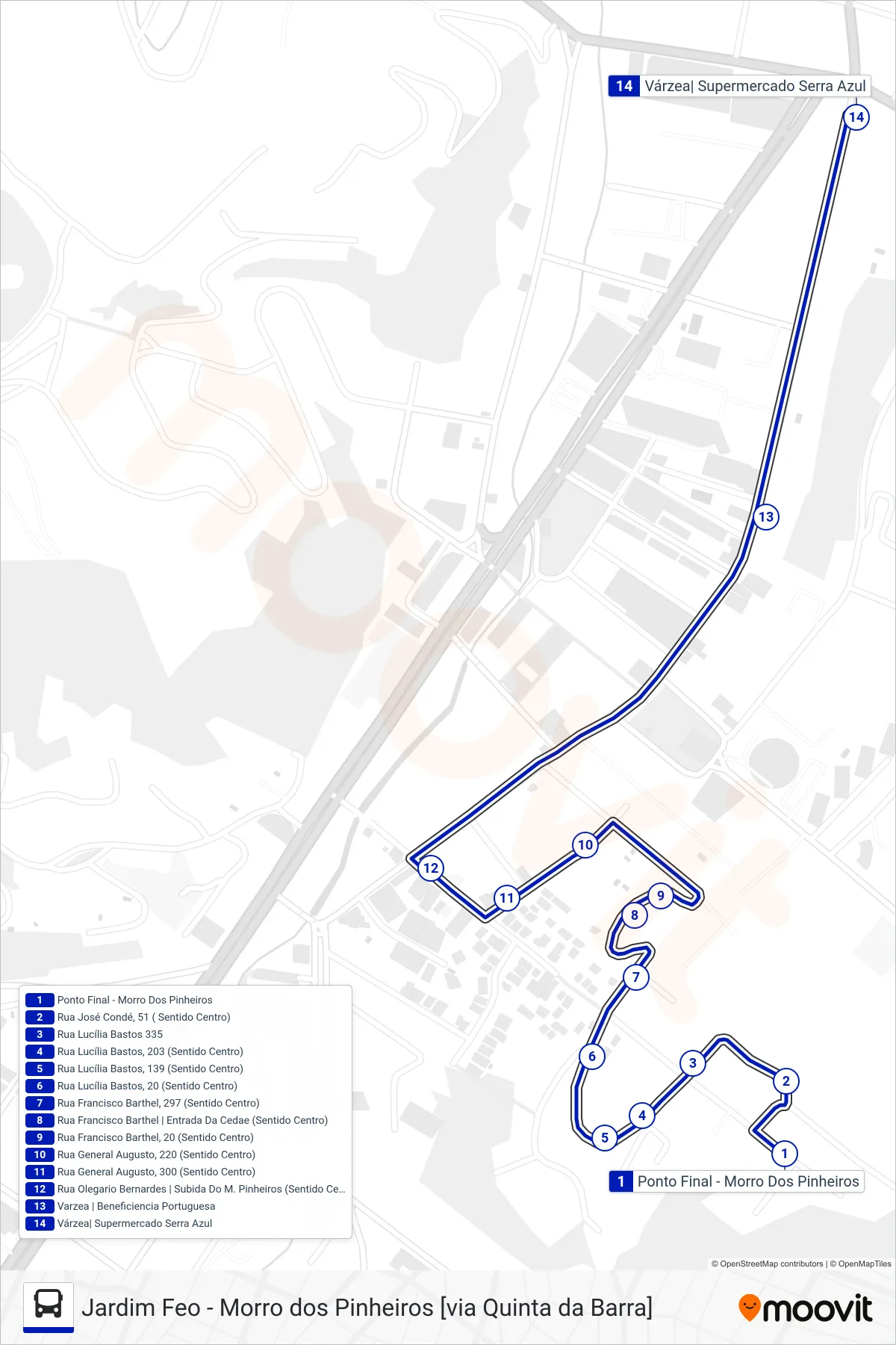 Rota e paradas da linha de ônibus  15  (Várzea [Via Serra Azul]) no mapa
