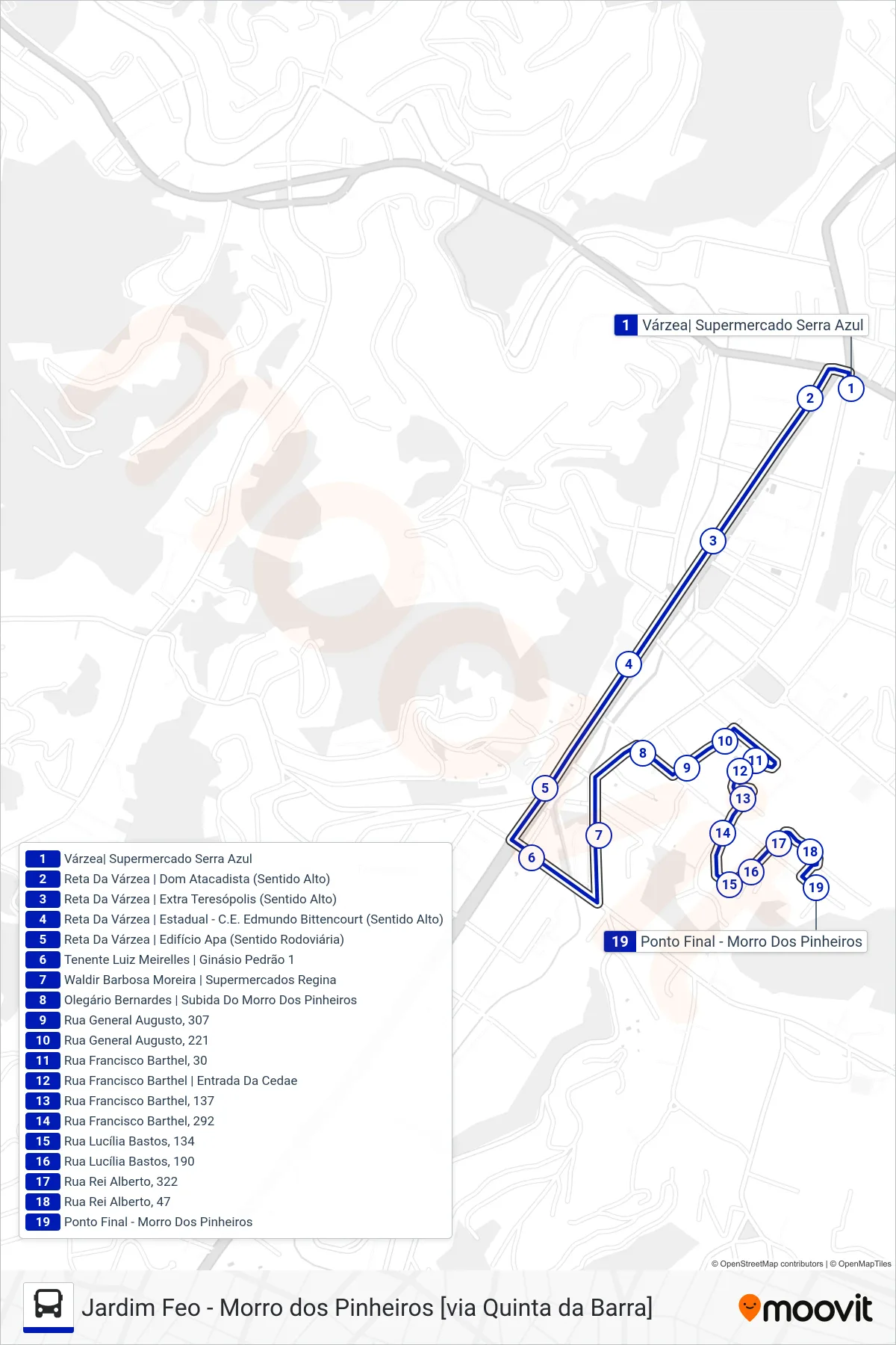 Rota e paradas da linha de ônibus  15  (Morro Dos Pinheiros [Via Centro]) no mapa