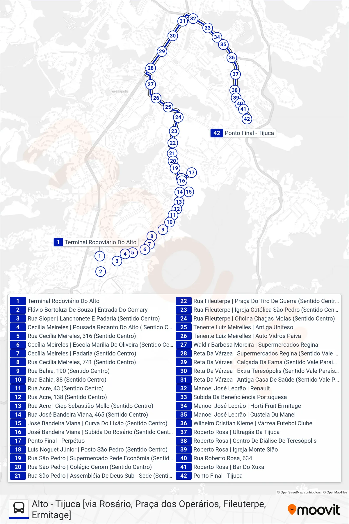 Rota e paradas da linha de ônibus  17  (Tijuca [Via Fileuterpe, Ermitage]) no mapa