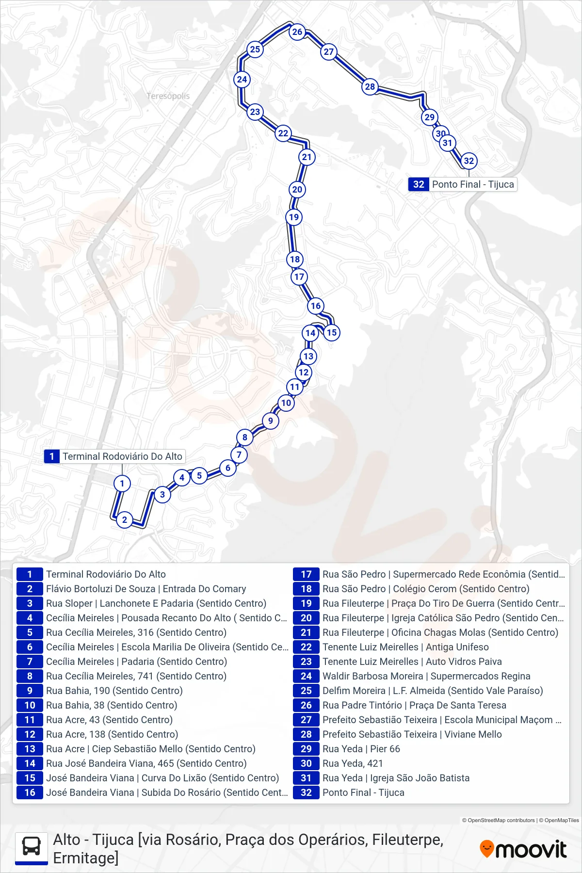 Rota e paradas da linha de ônibus  17  (Tijuca [Via Fileuterpe, Rua Yeda]) no mapa