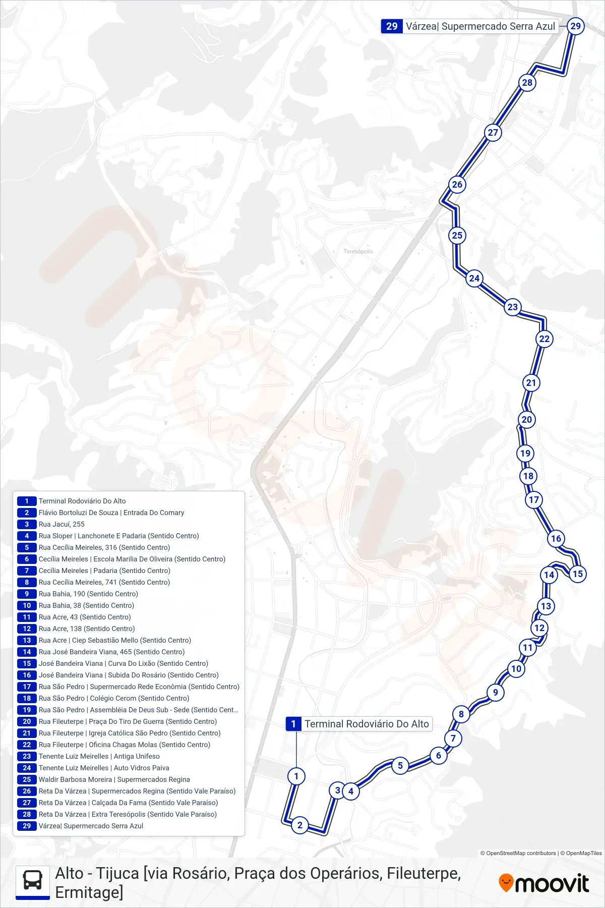 Rota e paradas da linha de ônibus  17  (Várzea [Via Rosário, Serra Azul]) no mapa