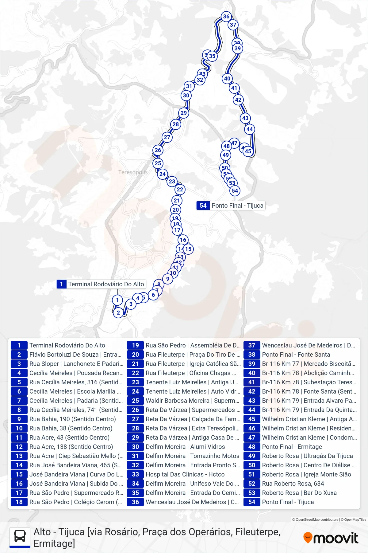 Rota e paradas da linha de ônibus  17  (Tijuca [Via V. Paraíso, F. Santa]) no mapa