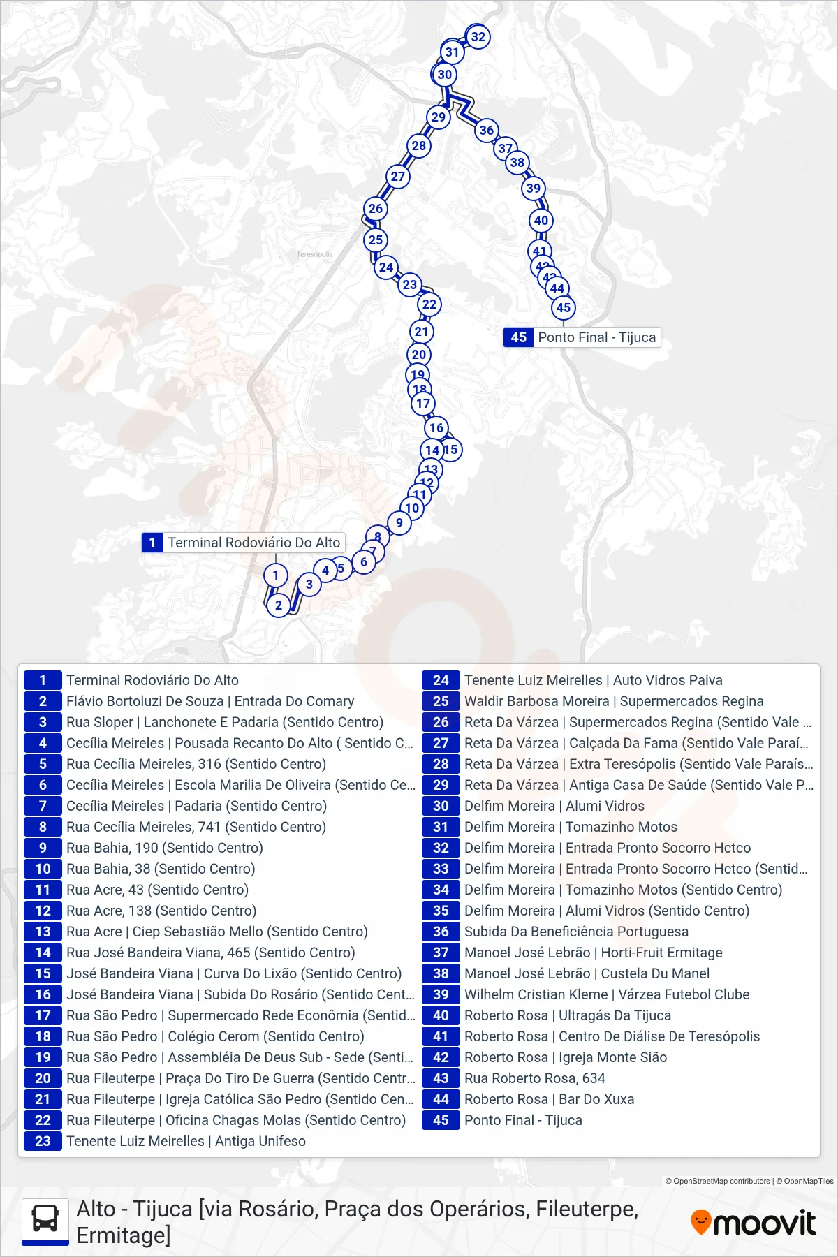 Rota e paradas da linha de ônibus  17  (Tijuca [Via V. Paraíso, Ermitage]) no mapa