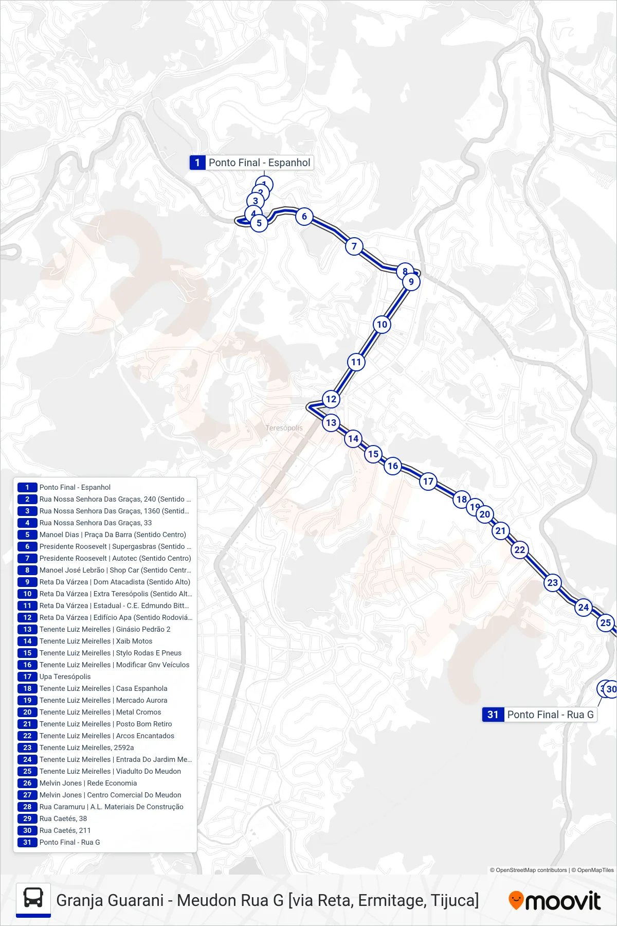 Rota e paradas da linha de ônibus  18  (Meudon Rua G [Via Bom Retiro, Upa]) no mapa