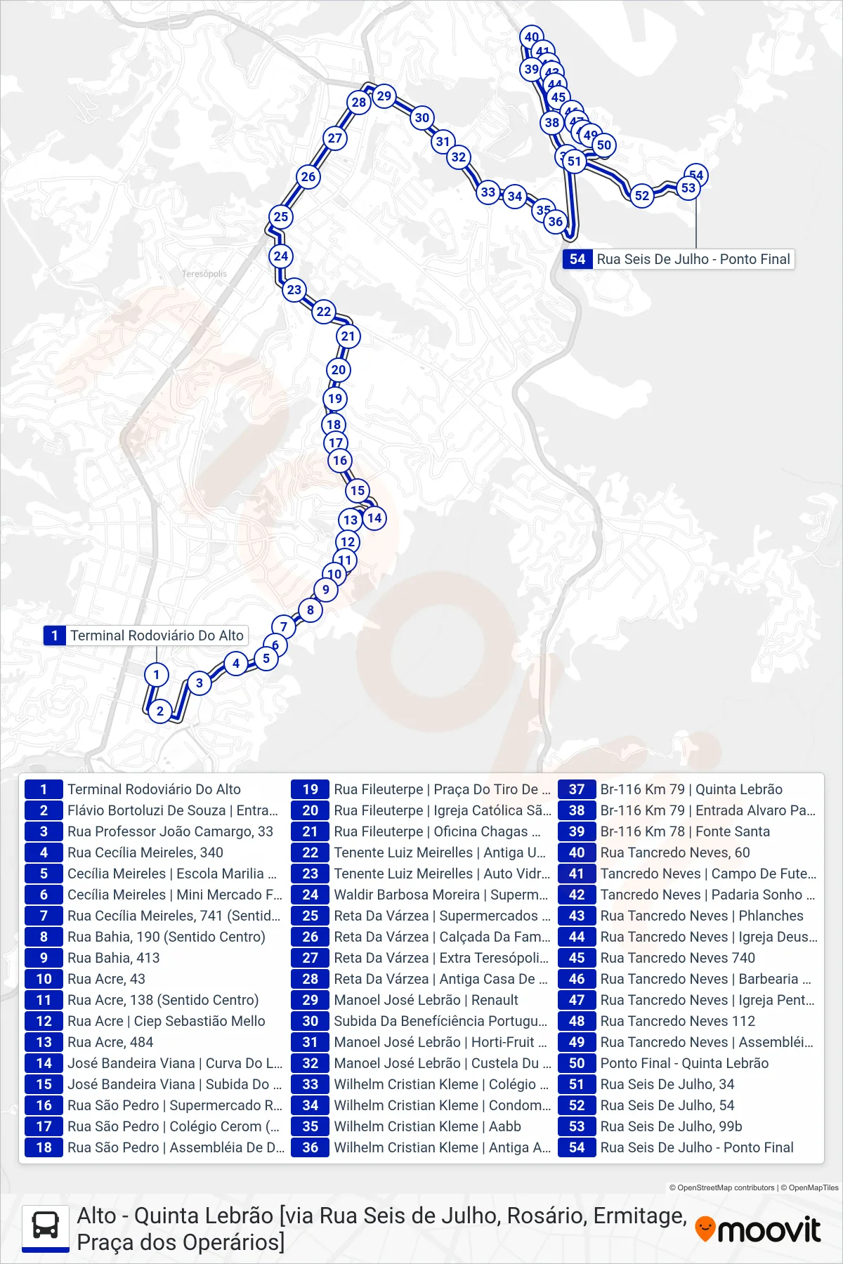 Rota e paradas da linha de ônibus  19  (Quinta Lebrão ↔ 6 De Julho                                                [Via Ermitage, Ciep F. Santa]) no mapa