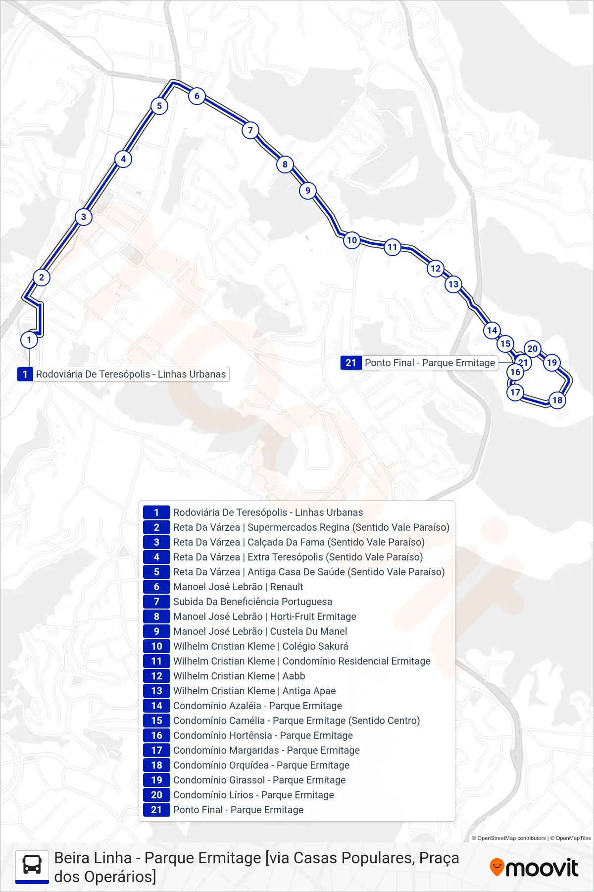 Rota e paradas da linha de ônibus  20  (Pq. Ermitage [Via Várzea, Ermitage]) no mapa