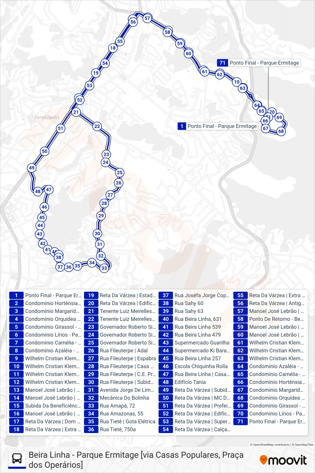 Rota e paradas da linha de ônibus  20  (Beira Linha ↔ Parque Ermitage                                      [Via Casas Populares, Ermitage]) no mapa
