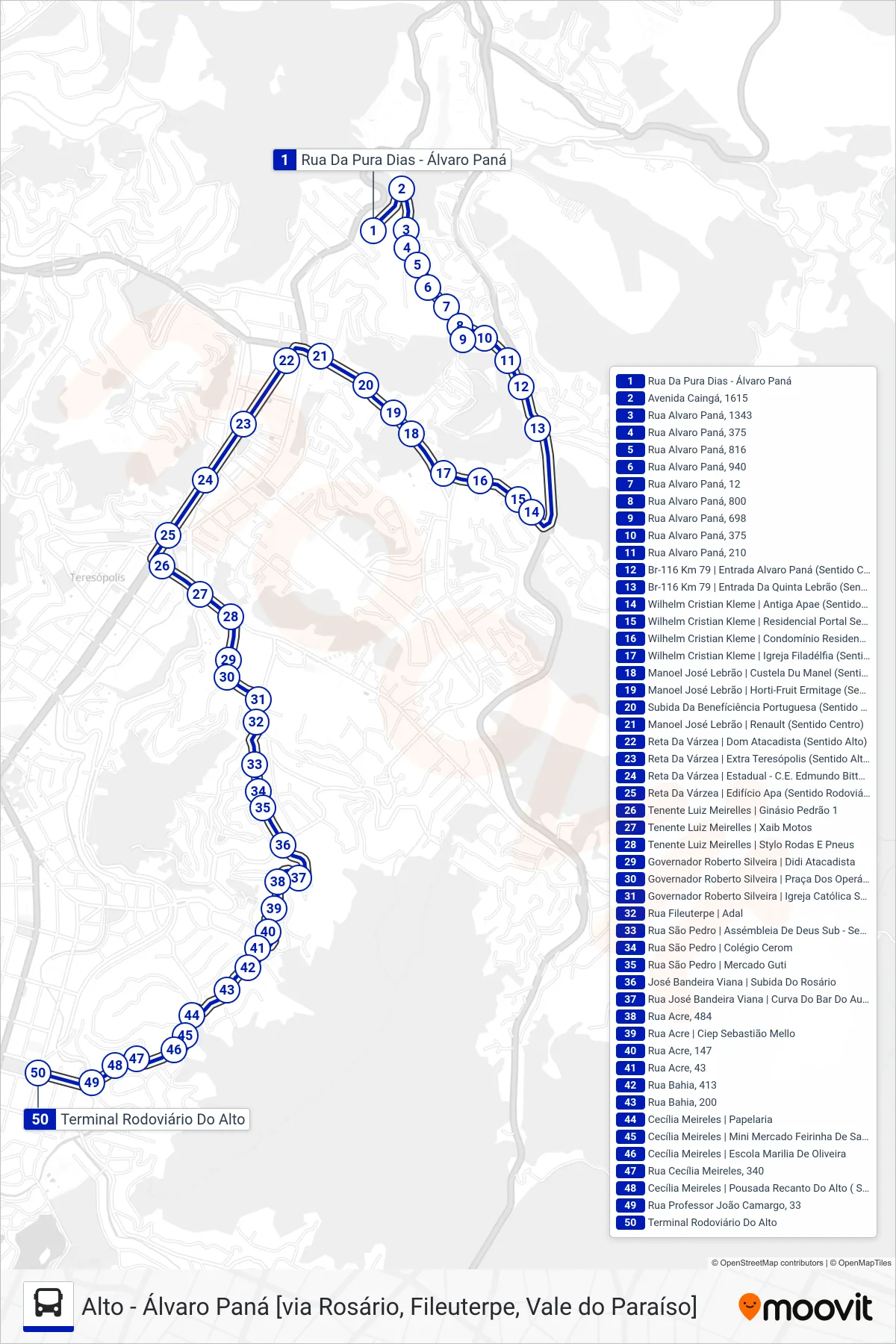 Rota e paradas da linha de ônibus  21  (Alto [Via Rosário, Pça. Operários]) no mapa