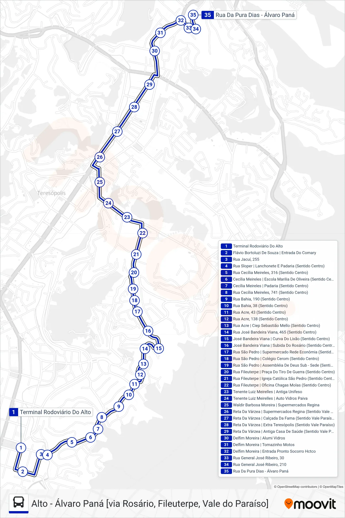 Rota e paradas da linha de ônibus  21  (Álvaro Paná [Via Vale Paraíso]) no mapa