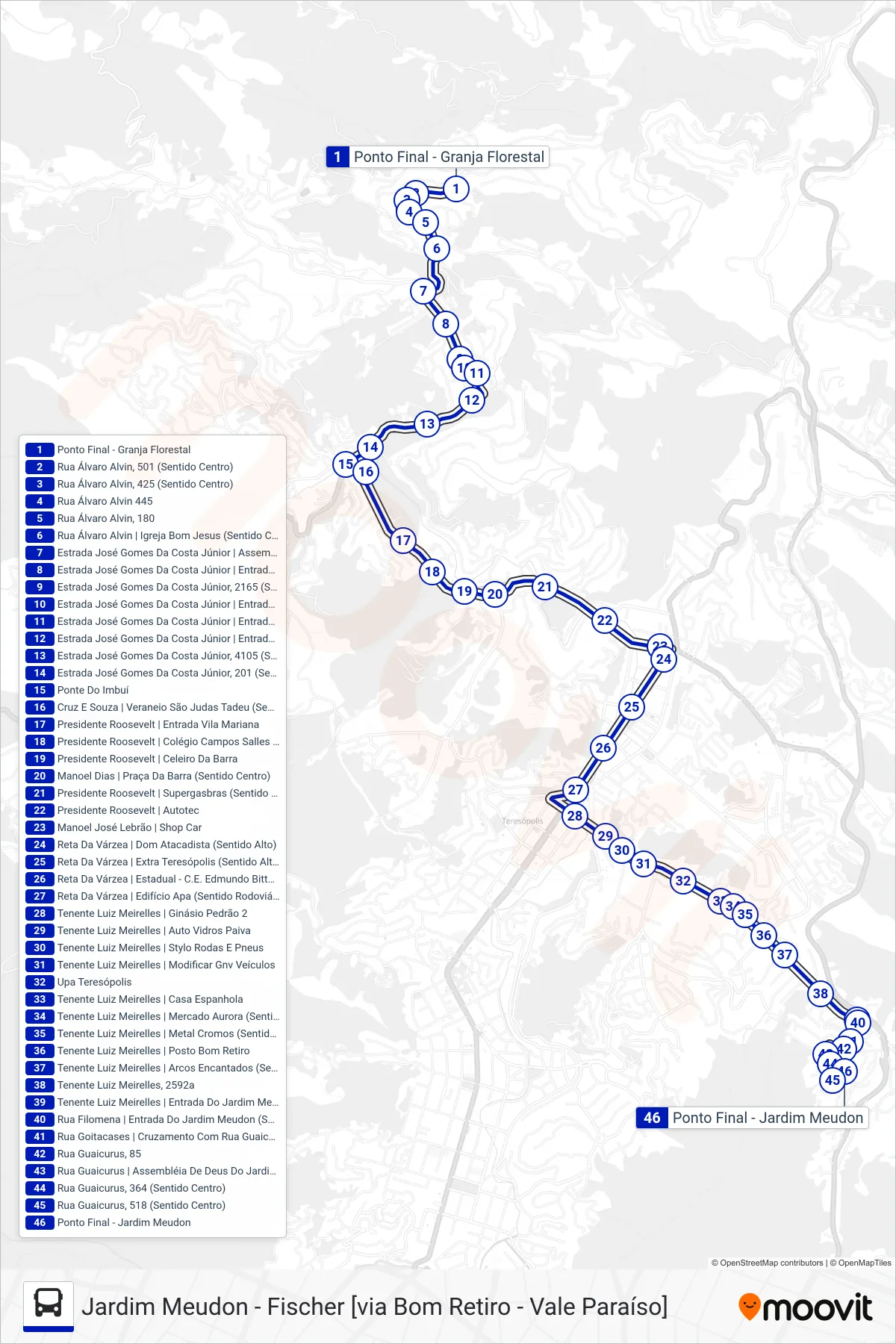23 bus Line (Jd. Meudon [Via Bom Retiro, UPA]) route and stops on a map