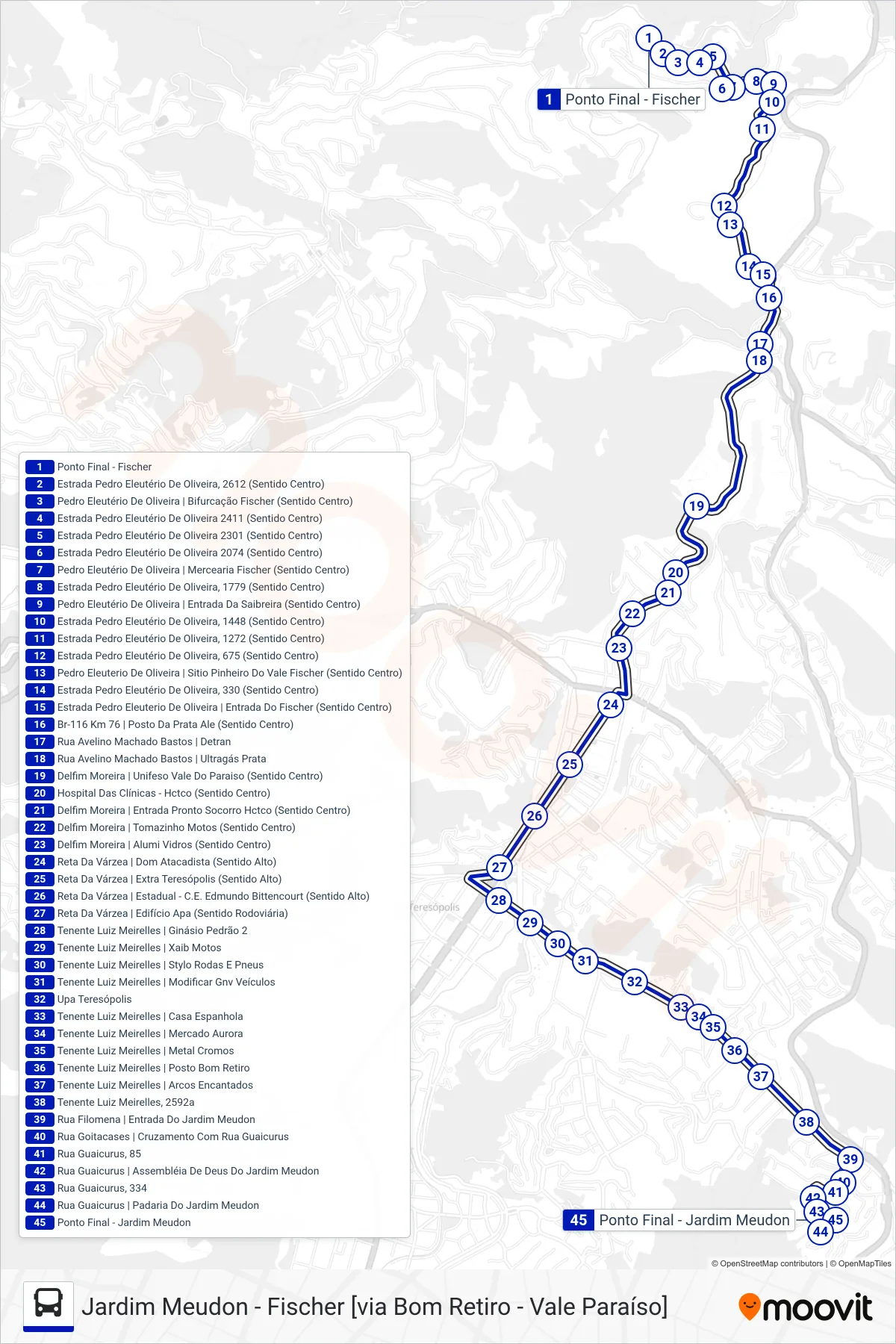 Rota e paradas da linha de ônibus  23  (Jd. Meudon [Via Bom Retiro, Upa]) no mapa