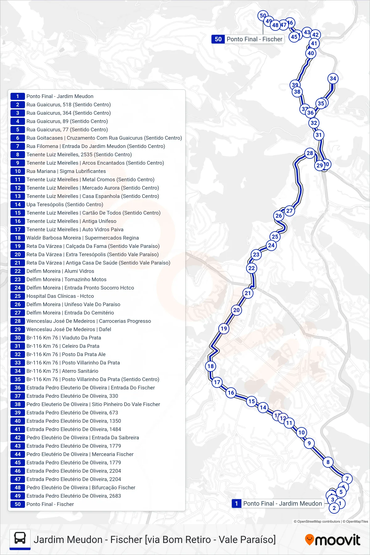 Rota e paradas da linha de ônibus  23  (Fischer [Via Vale Paraíso]) no mapa