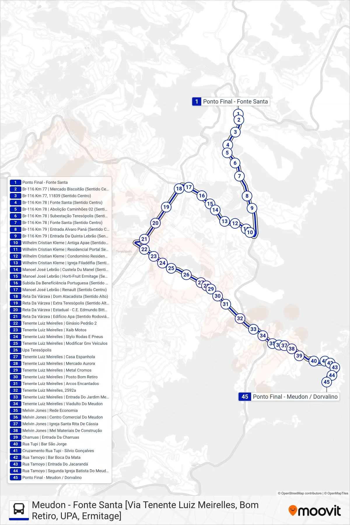 Rota e paradas da linha de ônibus  26  (Meudon [Via Bom Retiro, UPA]) no mapa