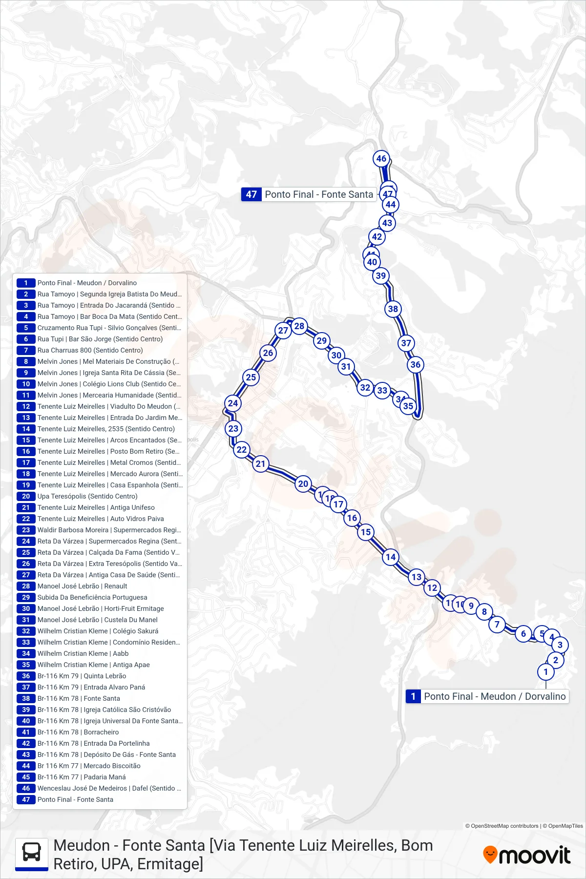 Rota e paradas da linha de ônibus  26  (Fonte Santa [Via Ermitage]) no mapa