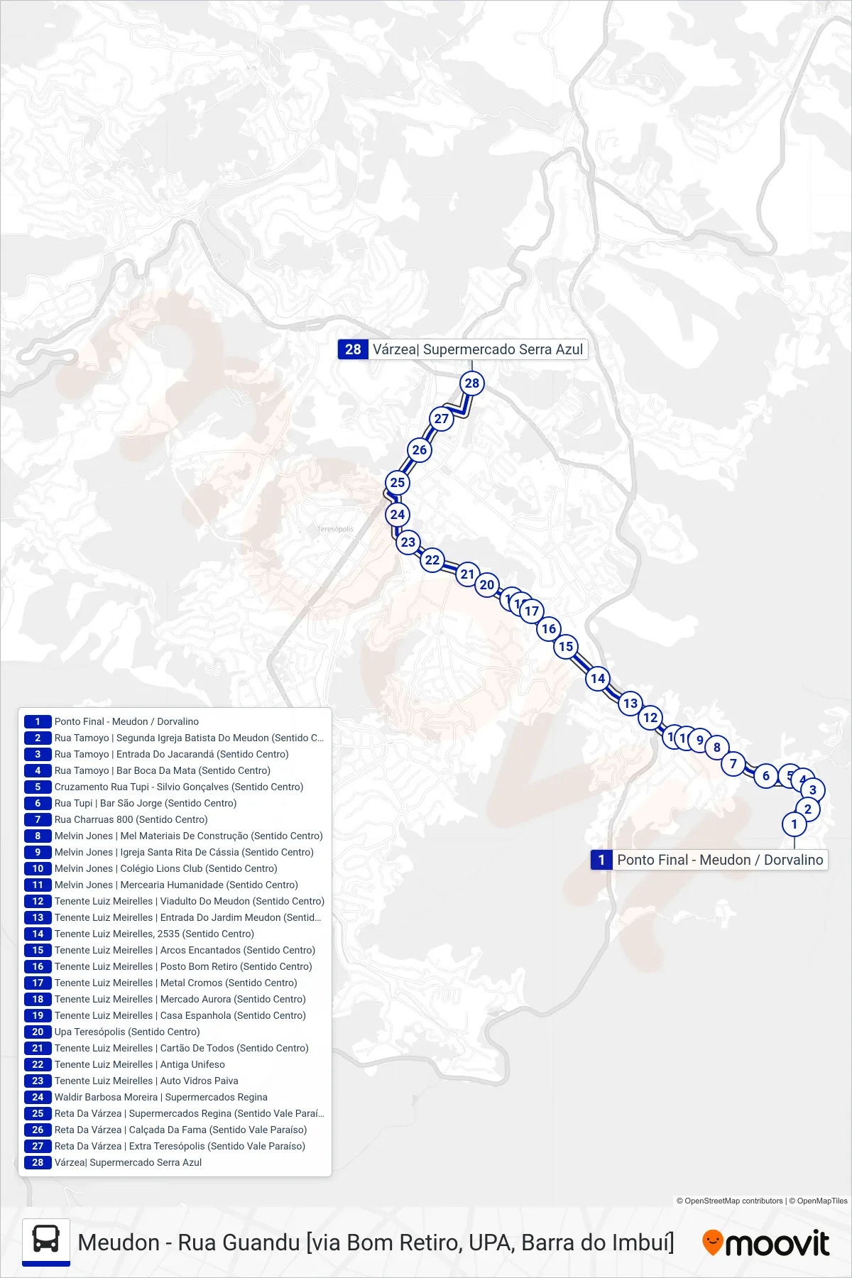 Rota e paradas da linha de ônibus  28  (Várzea [Via Centro]) no mapa