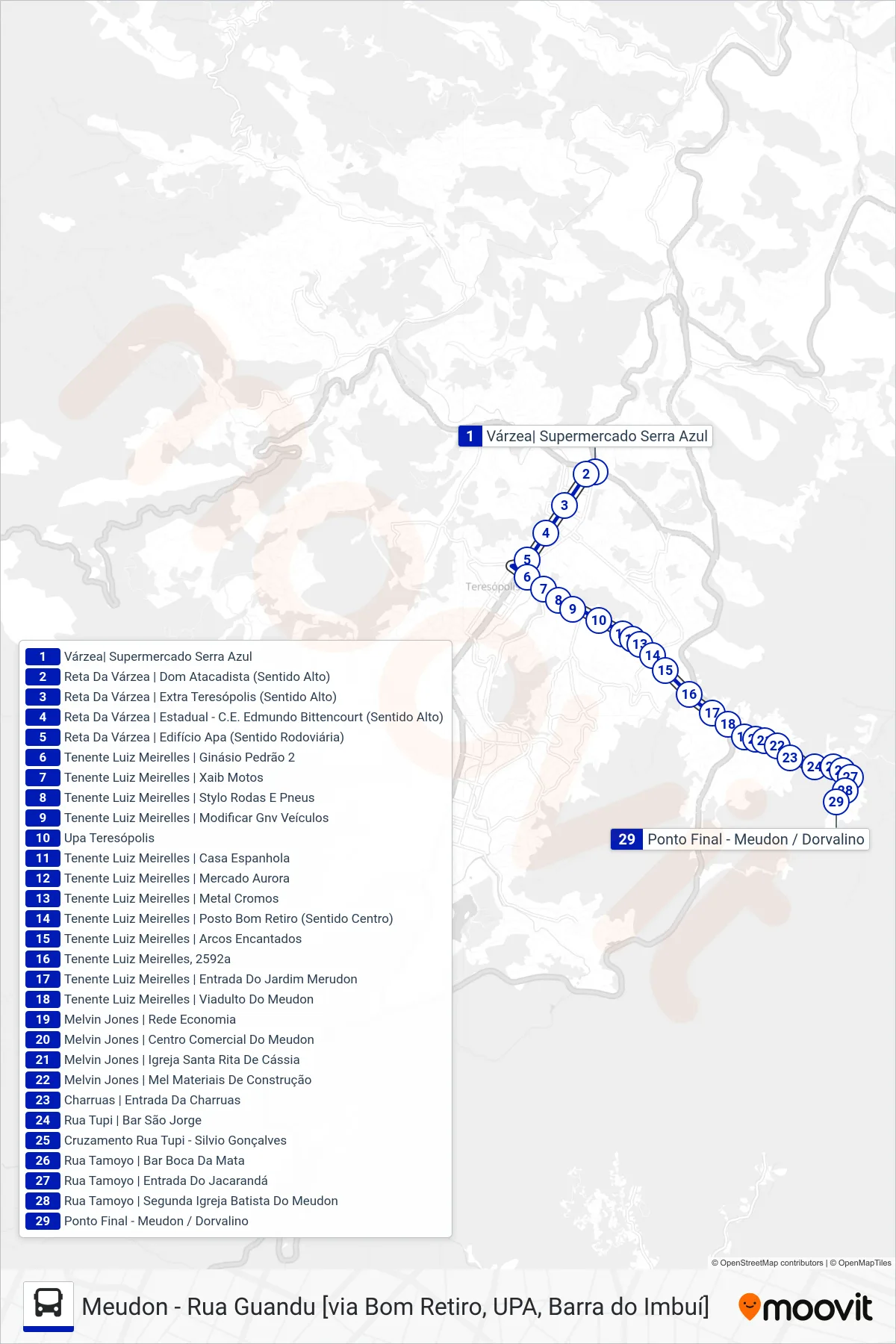 Rota e paradas da linha de ônibus  28  (Meudon [Via Bom Retiro, UPA]) no mapa