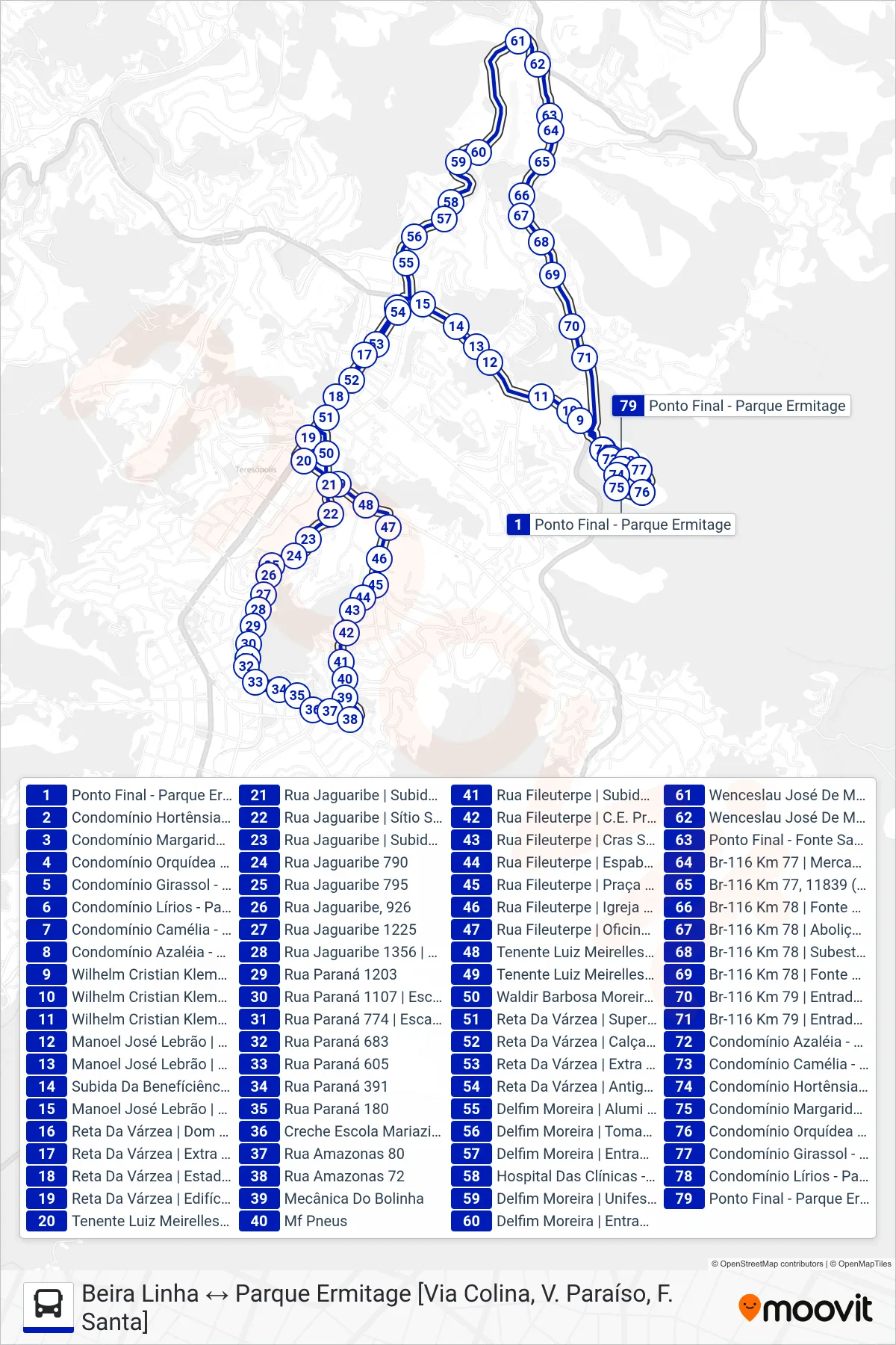 Rota e paradas da linha de ônibus  29  (Beira Linha ↔ Parque Ermitage                                               [Via Colina, V. Paraíso, F. Santa]) no mapa