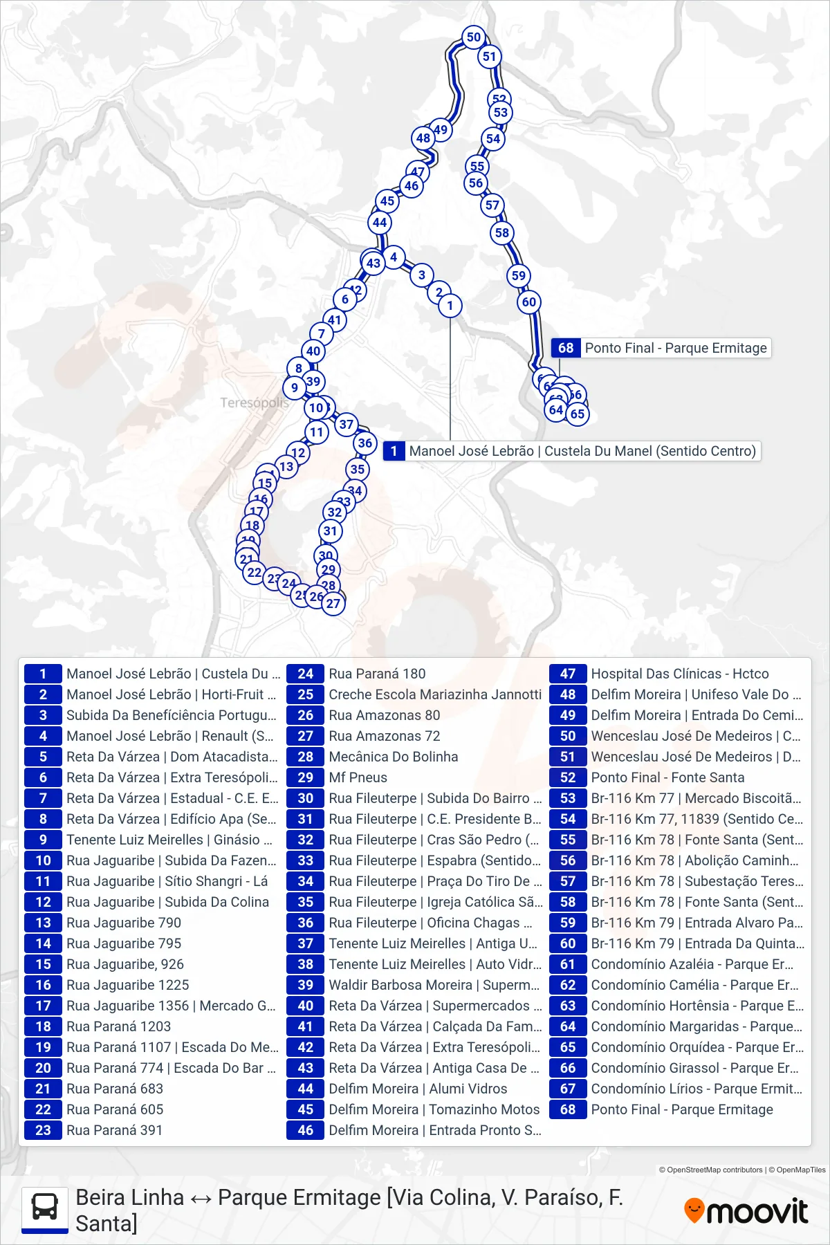 Rota e paradas da linha de ônibus  29  (Beira Linha ↔ Parque Ermitage                                               [Via Colina, V. Paraíso, F. Santa]) no mapa