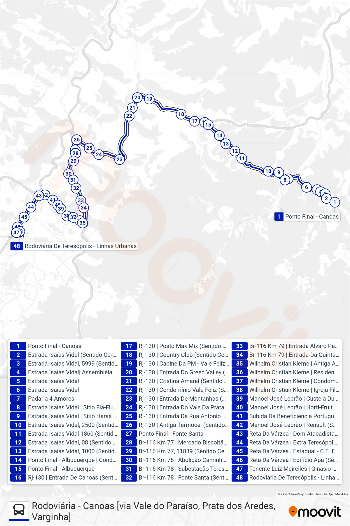 Rota e paradas da linha de ônibus  30  (Rodoviária [Via F. Santa, Ermitage]) no mapa