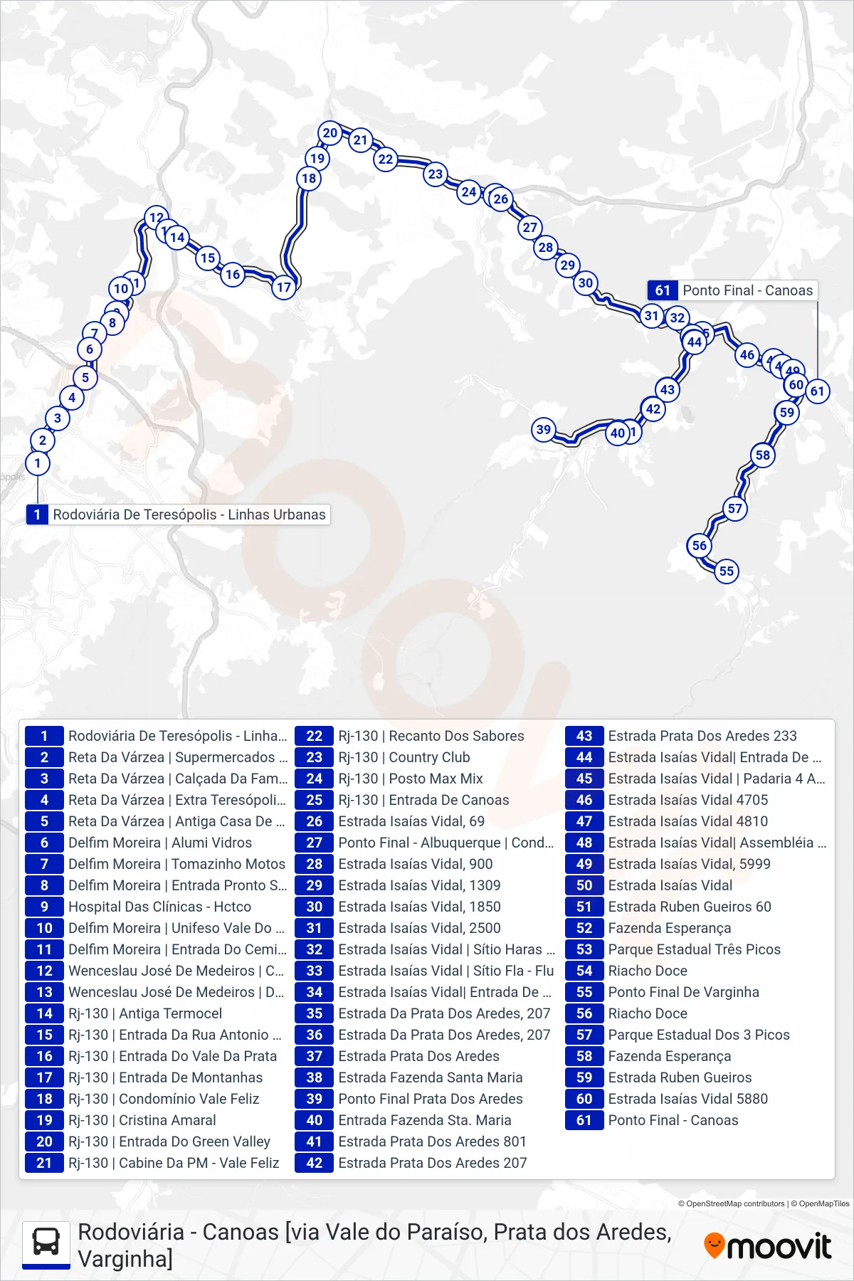 Rota e paradas da linha de ônibus  30  (Canoas [Via Prata dos Aredes, Varginha]) no mapa